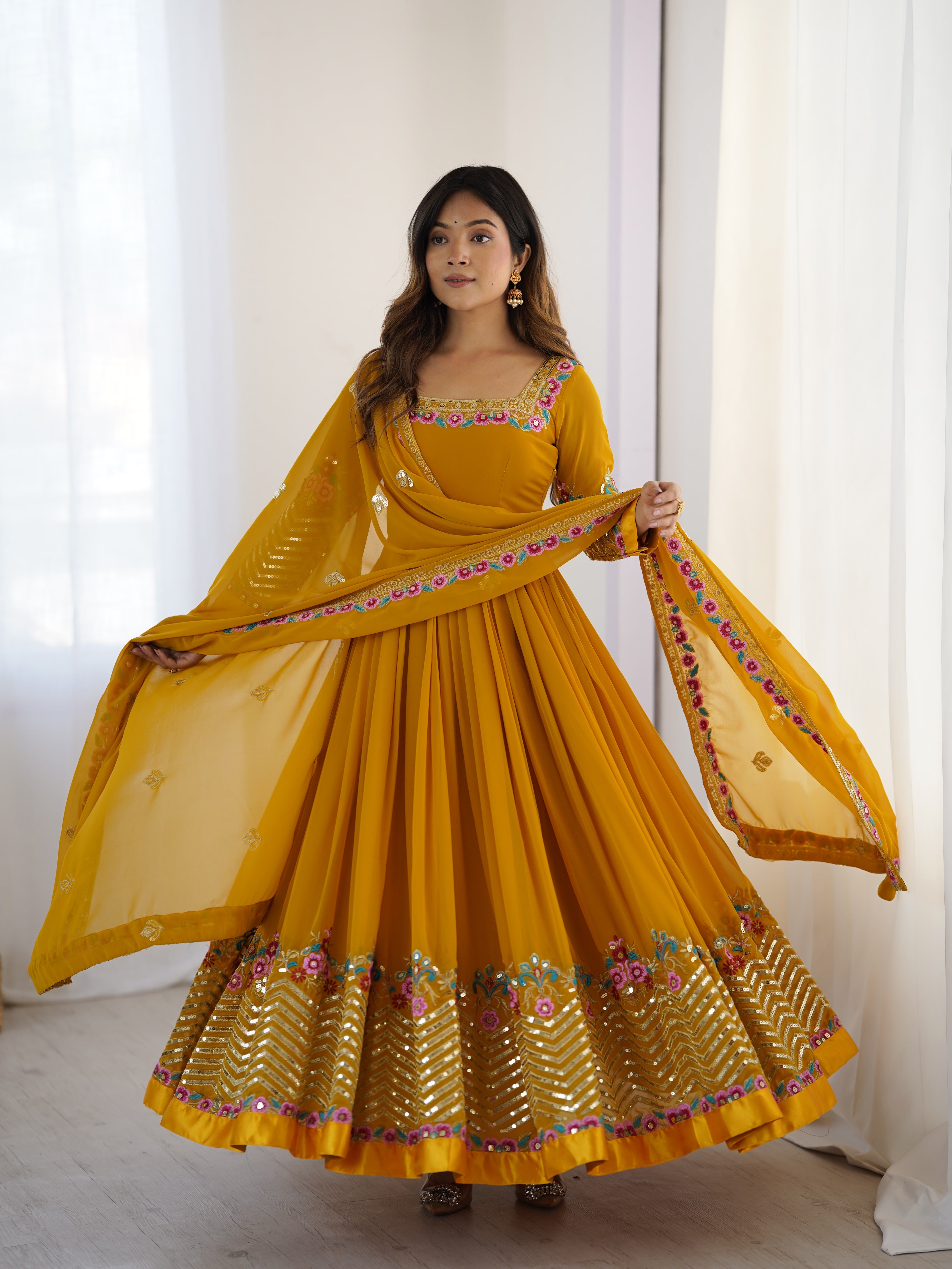Yellow Color Georgette Party Wear Look Gown-Dupatta