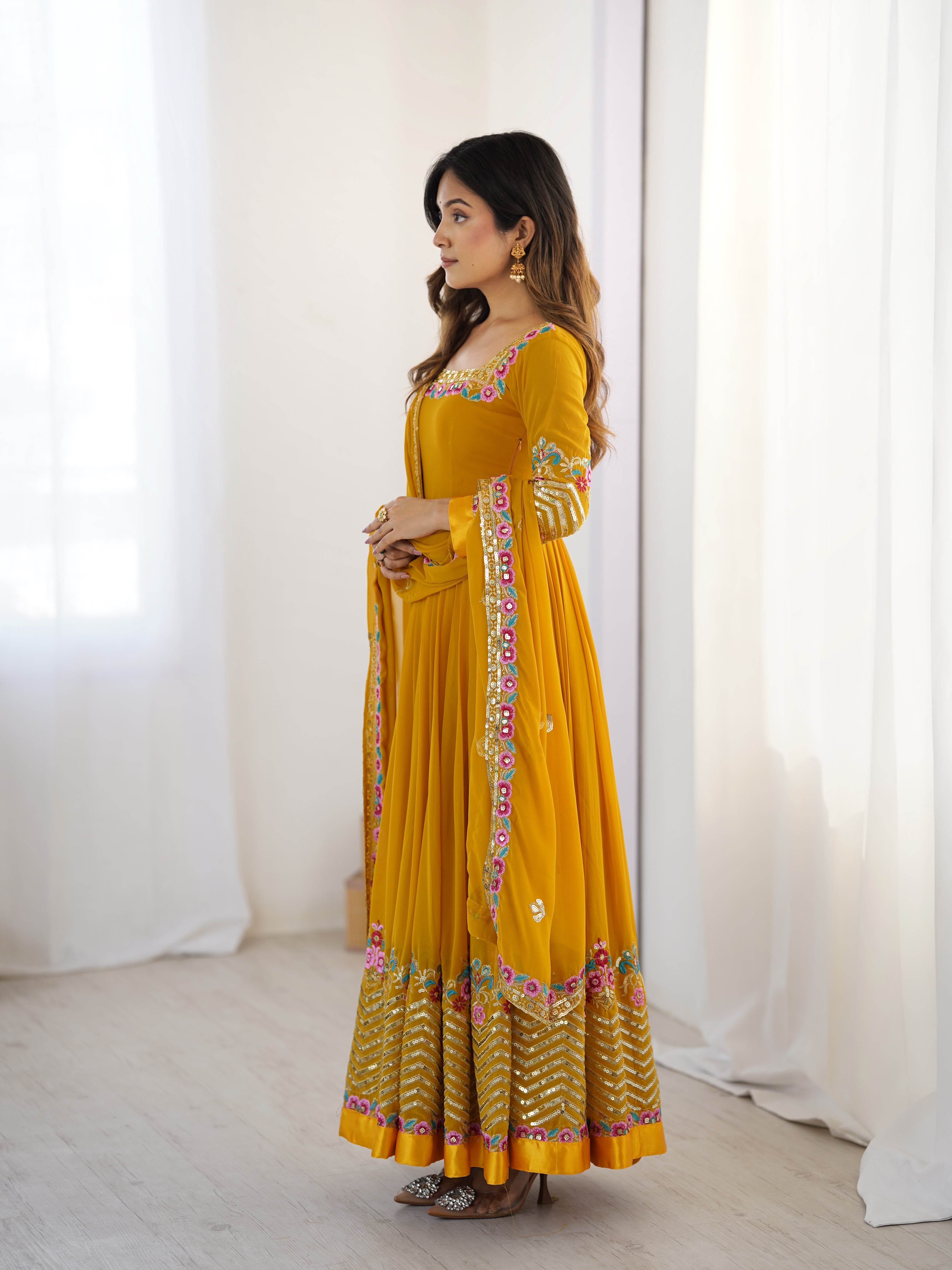 Yellow Color Georgette Party Wear Look Gown-Dupatta