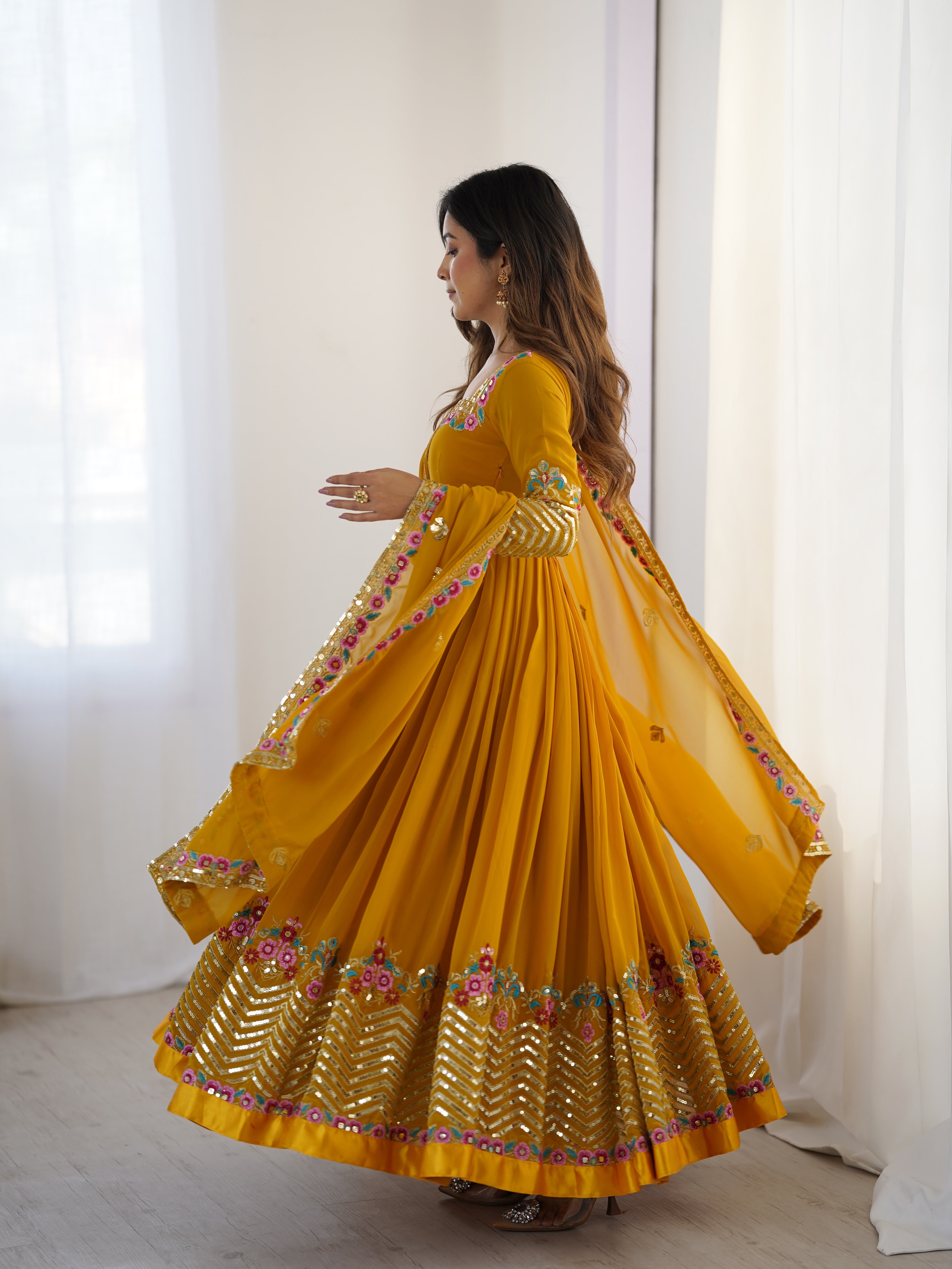 Yellow Color Georgette Party Wear Look Gown-Dupatta