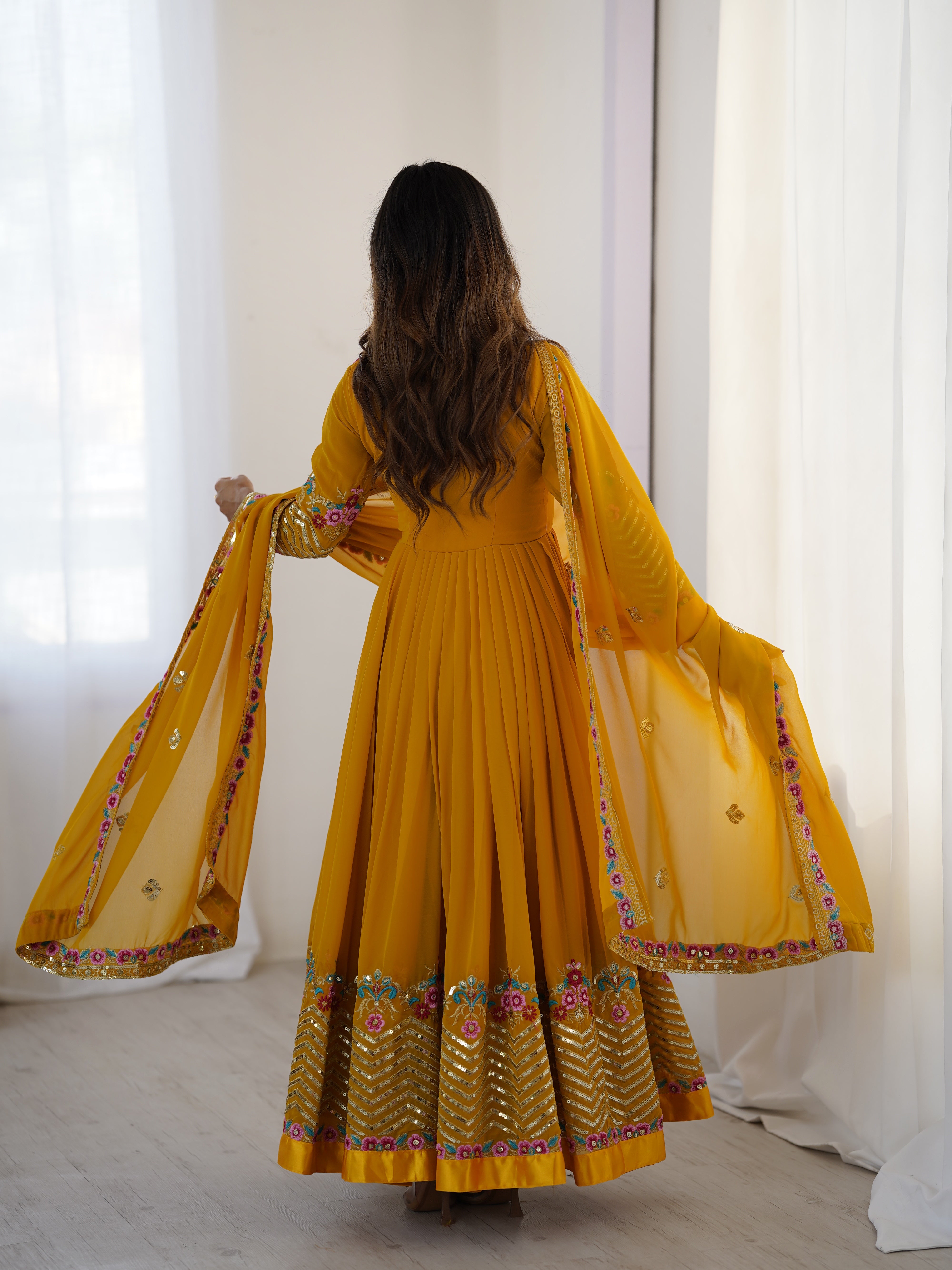 Yellow Color Georgette Party Wear Look Gown-Dupatta