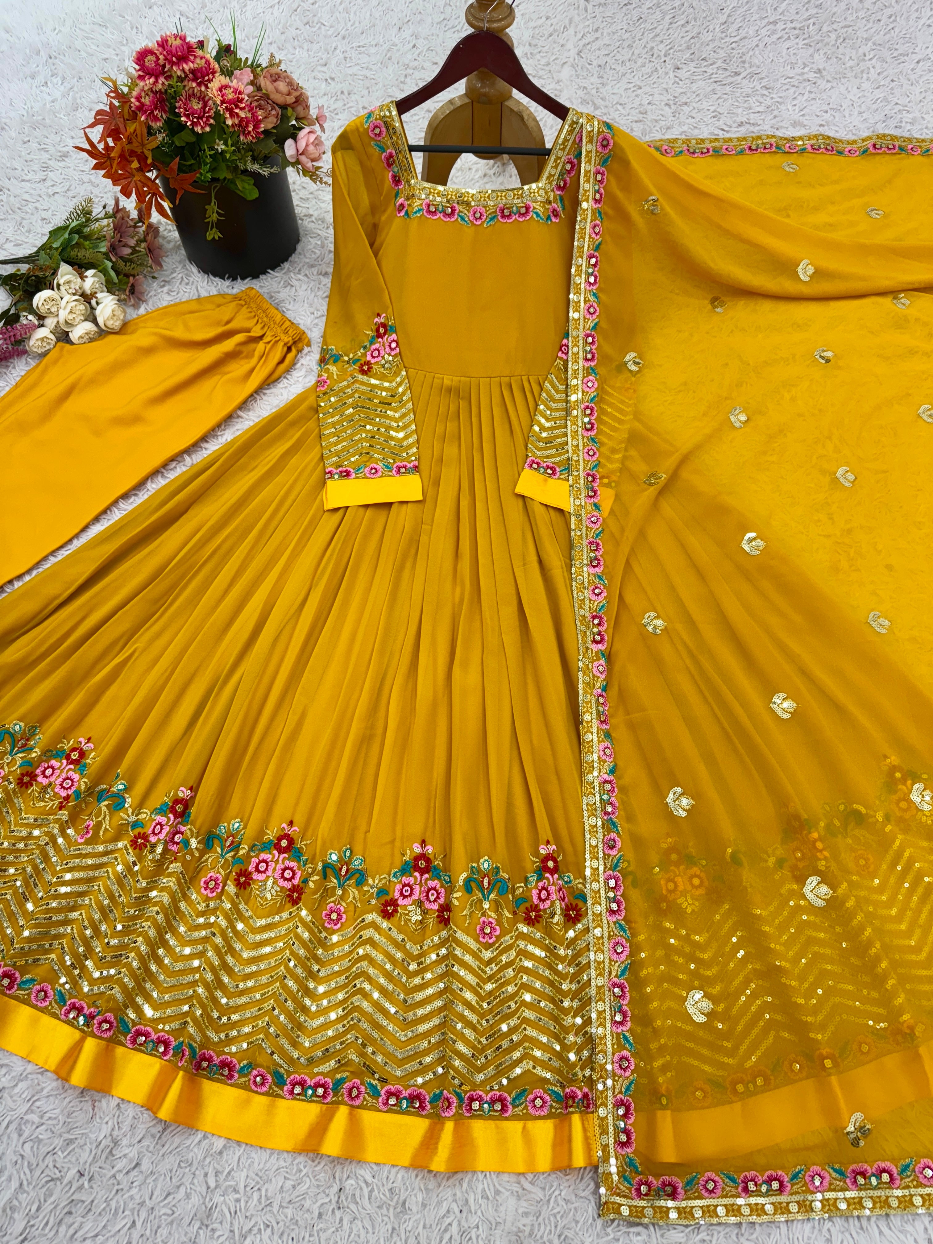 Yellow Color Georgette Party Wear Look Gown-Dupatta
