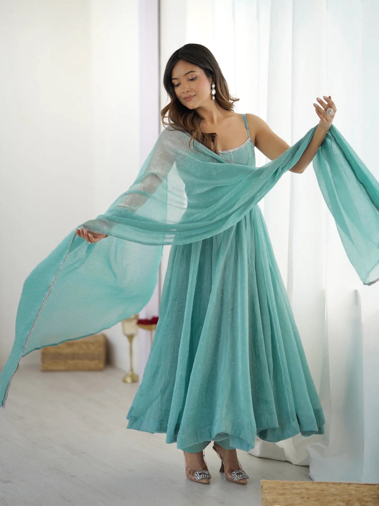 Aqua Blue Color Designer Anarkali Gown With Pant & Dupatta