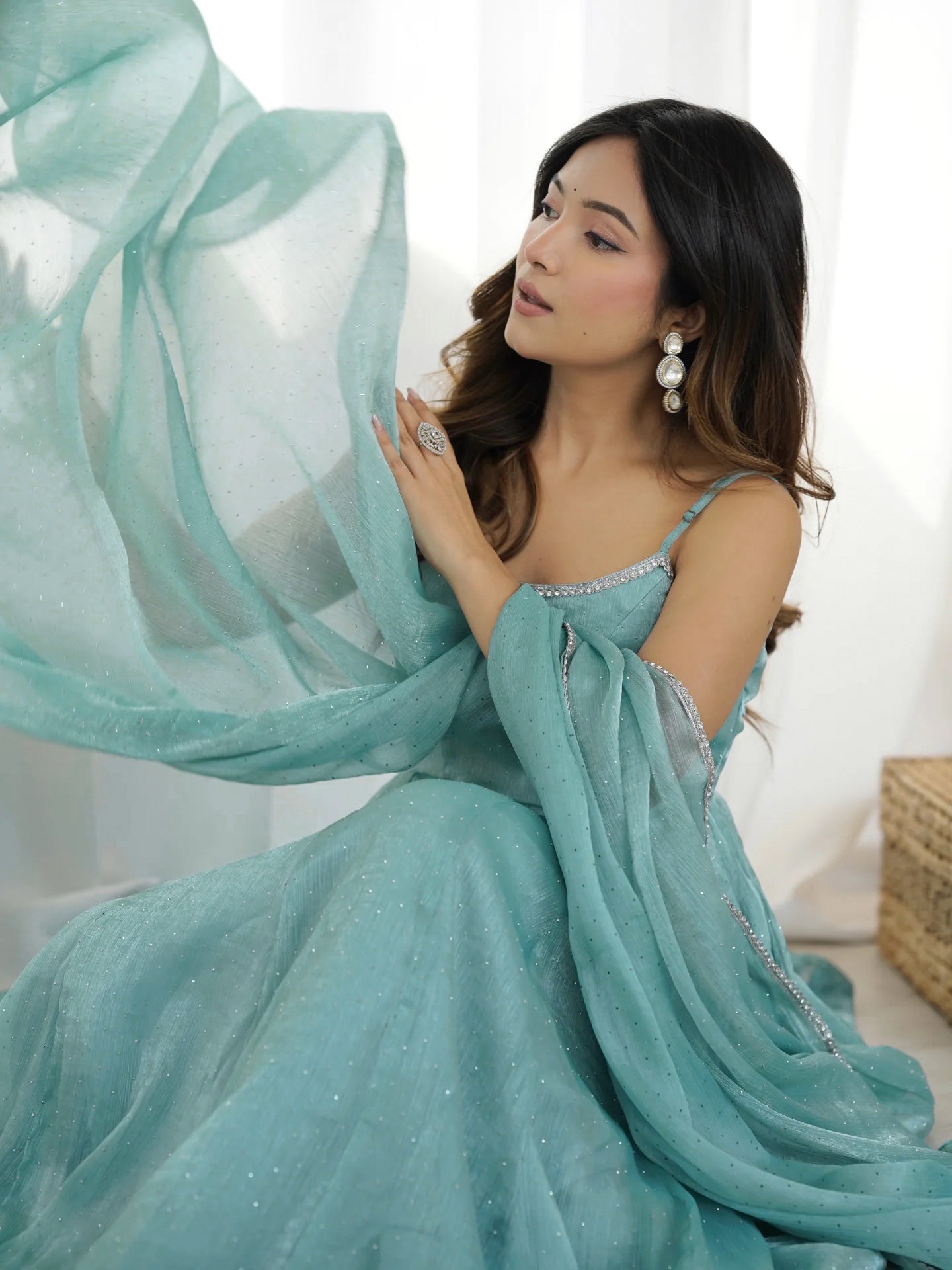 Aqua Blue Color Designer Anarkali Gown With Pant & Dupatta