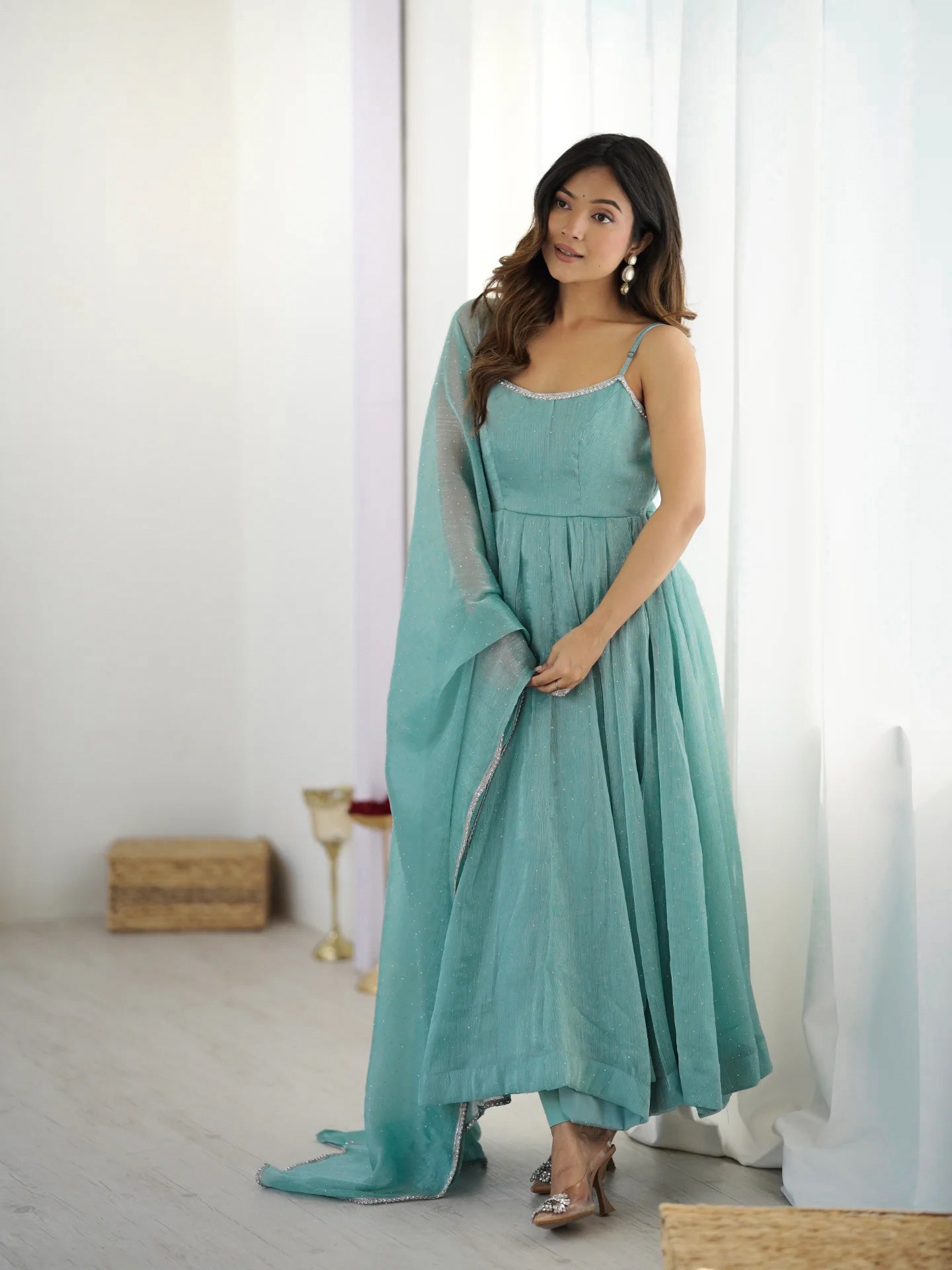 Aqua Blue Color Designer Anarkali Gown With Pant & Dupatta
