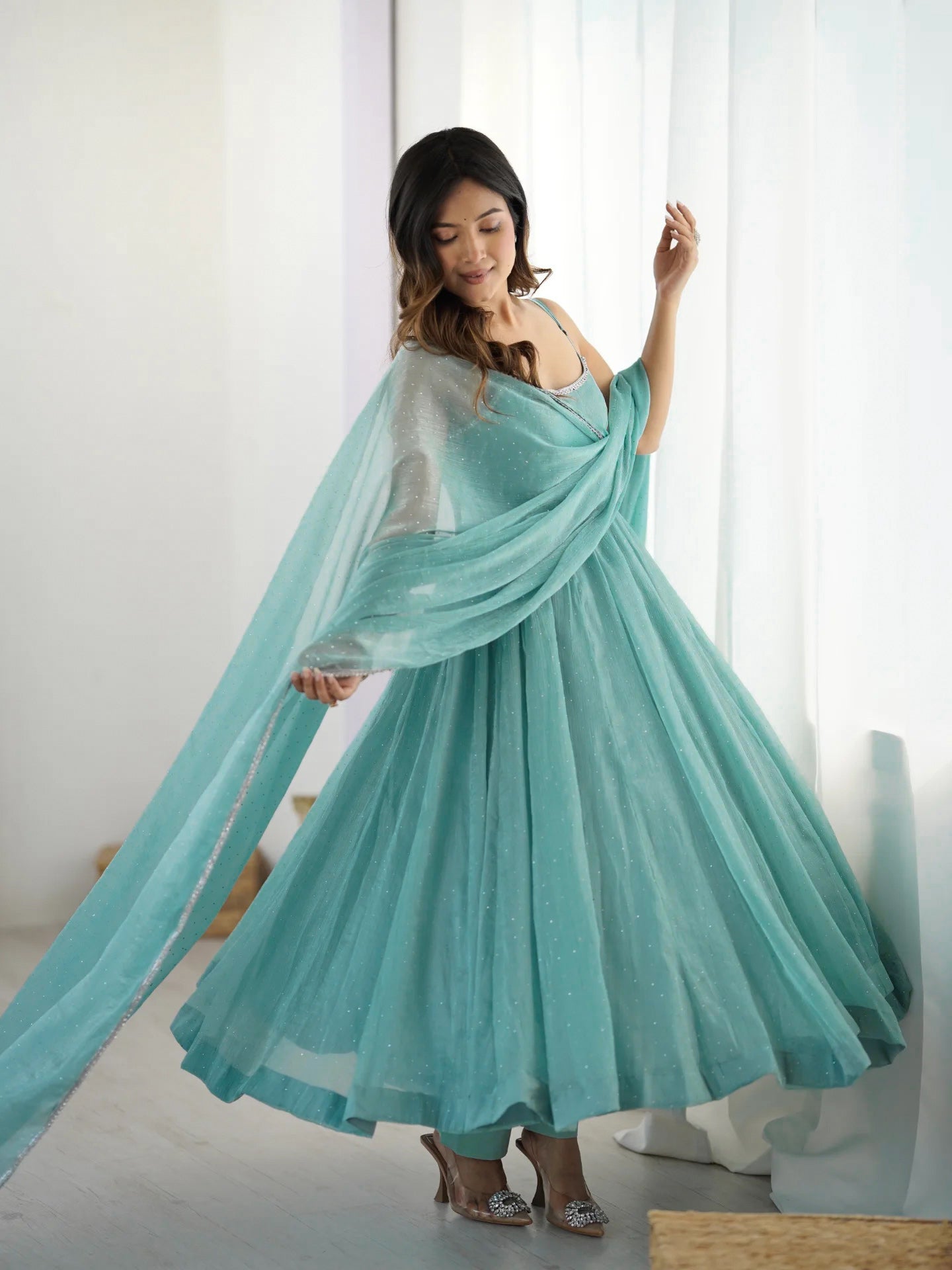 Aqua Blue Color Designer Anarkali Gown With Pant & Dupatta