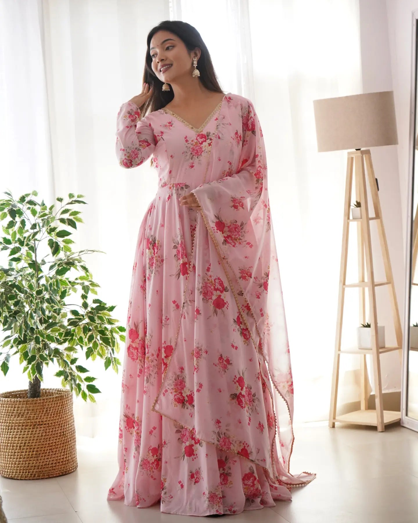Pink color Floral Printed Georgette Anarkali Gown with Dupatta