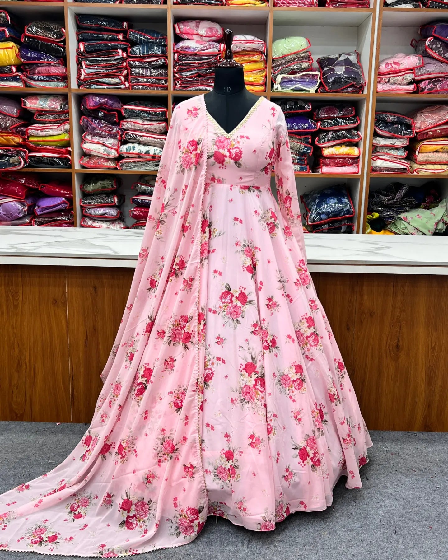Pink color Floral Printed Georgette Anarkali Gown with Dupatta