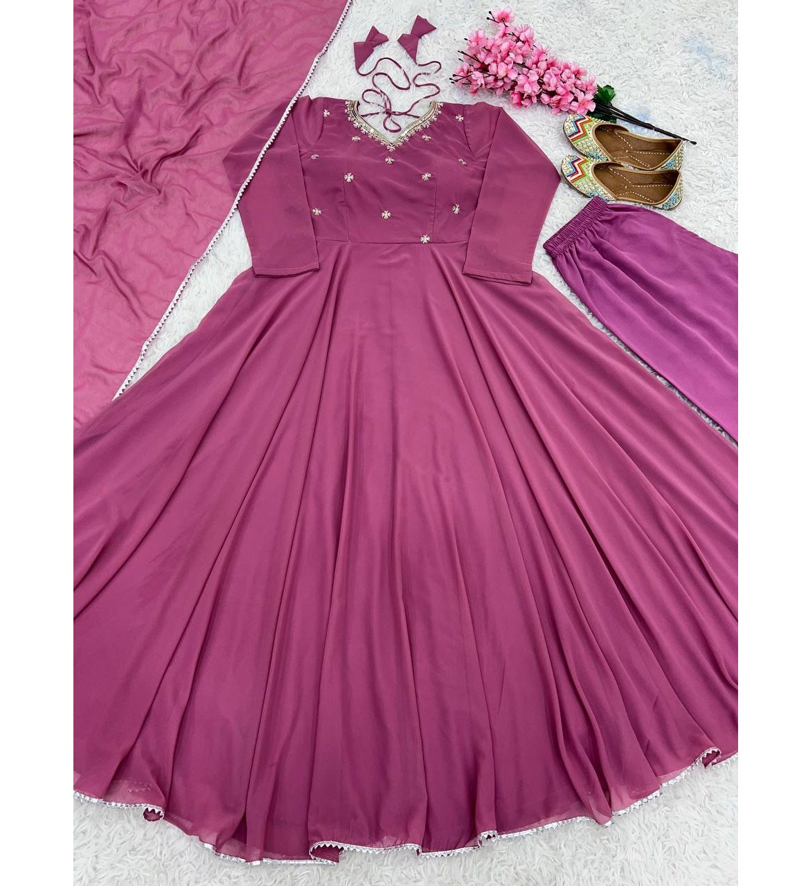 Most Beautiful Pink Color Fully Flair Party Wear Anarkali Gown