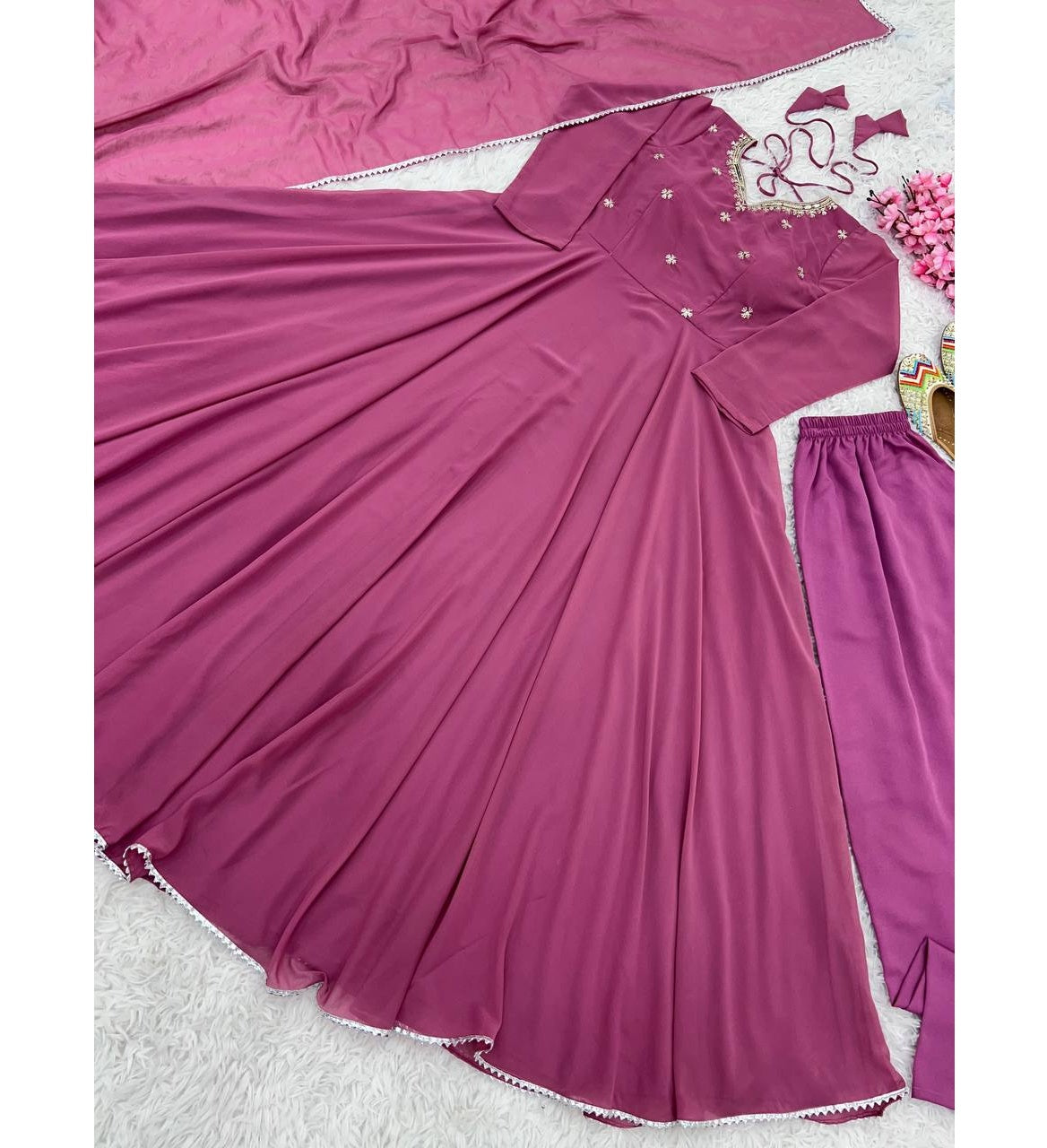 Most Beautiful Pink Color Fully Flair Party Wear Anarkali Gown