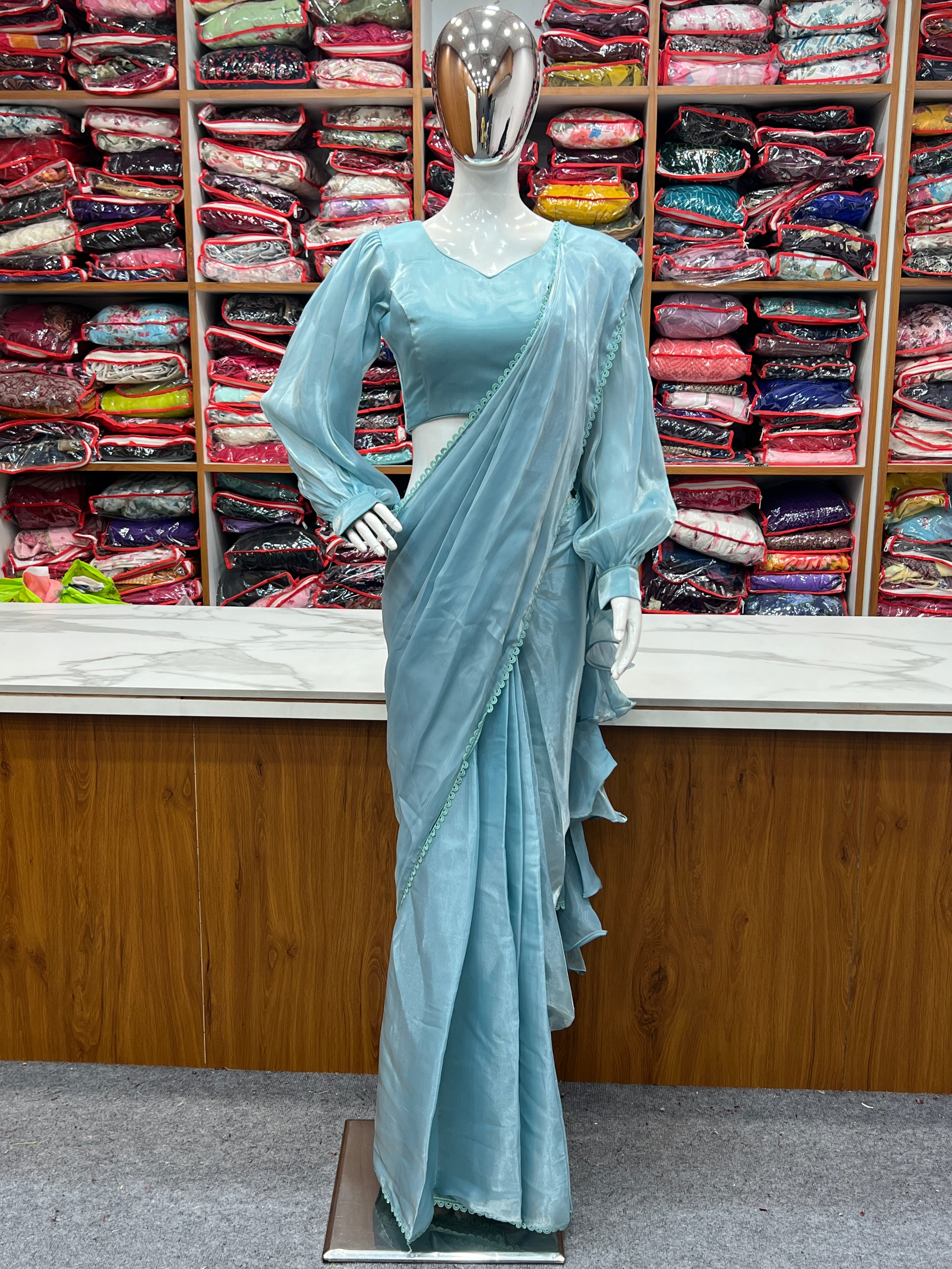 Sky Blue Color Jimmy Choo Ready To Wear Saree