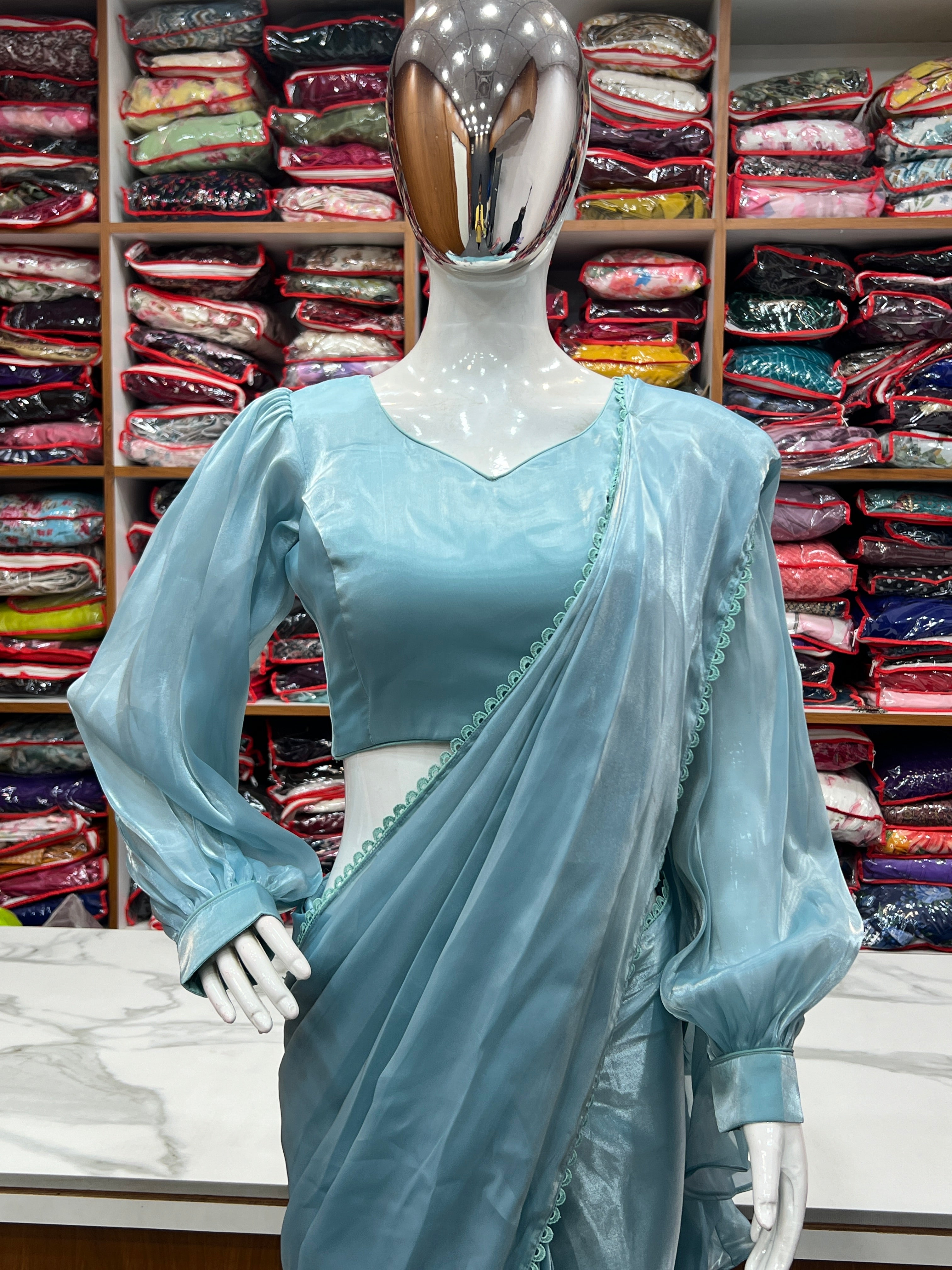 Sky Blue Color Jimmy Choo Ready To Wear Saree