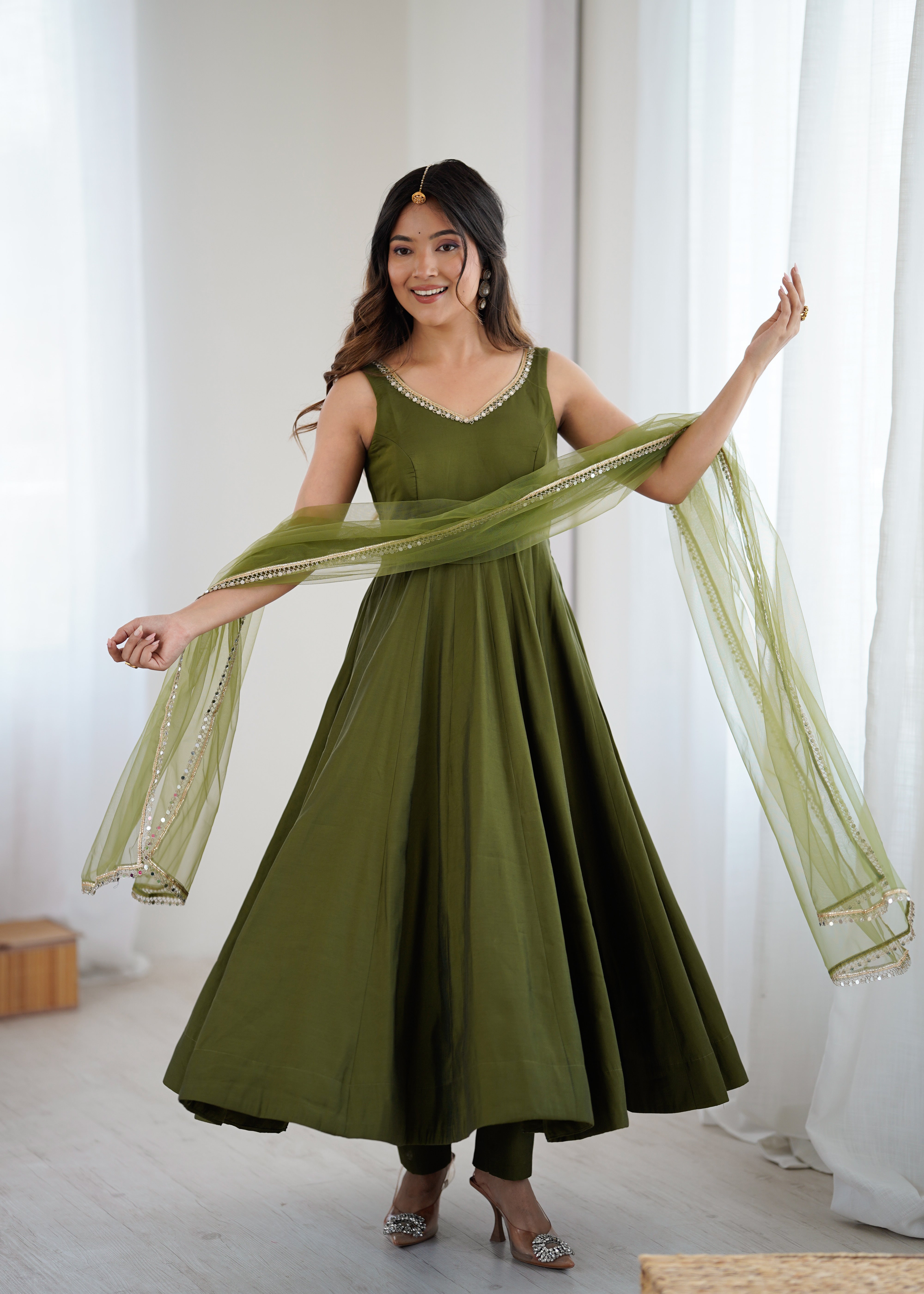 Most Beautiful Green Color Fully Flair Party Wear Anarkali Gown