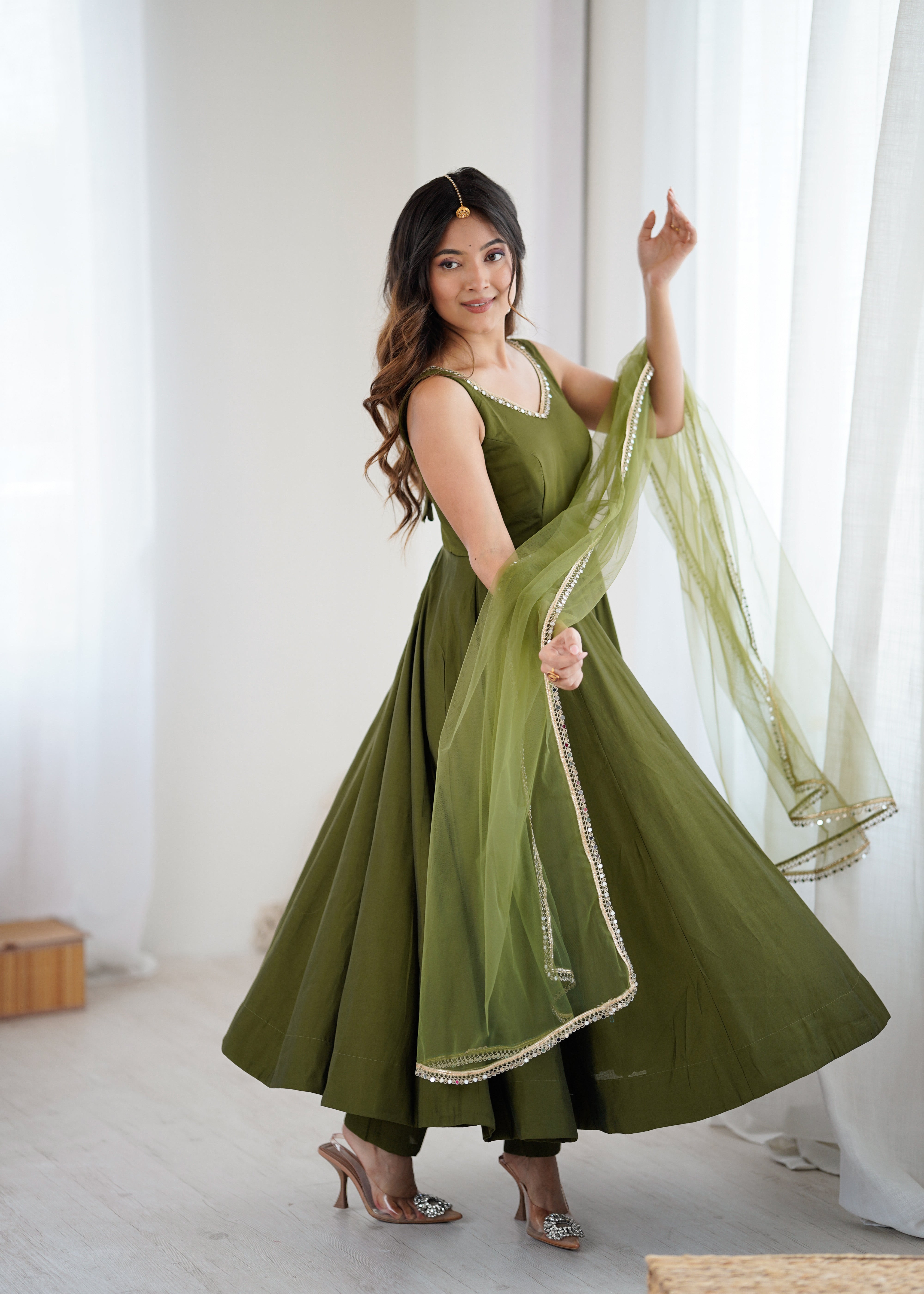 Most Beautiful Green Color Fully Flair Party Wear Anarkali Gown