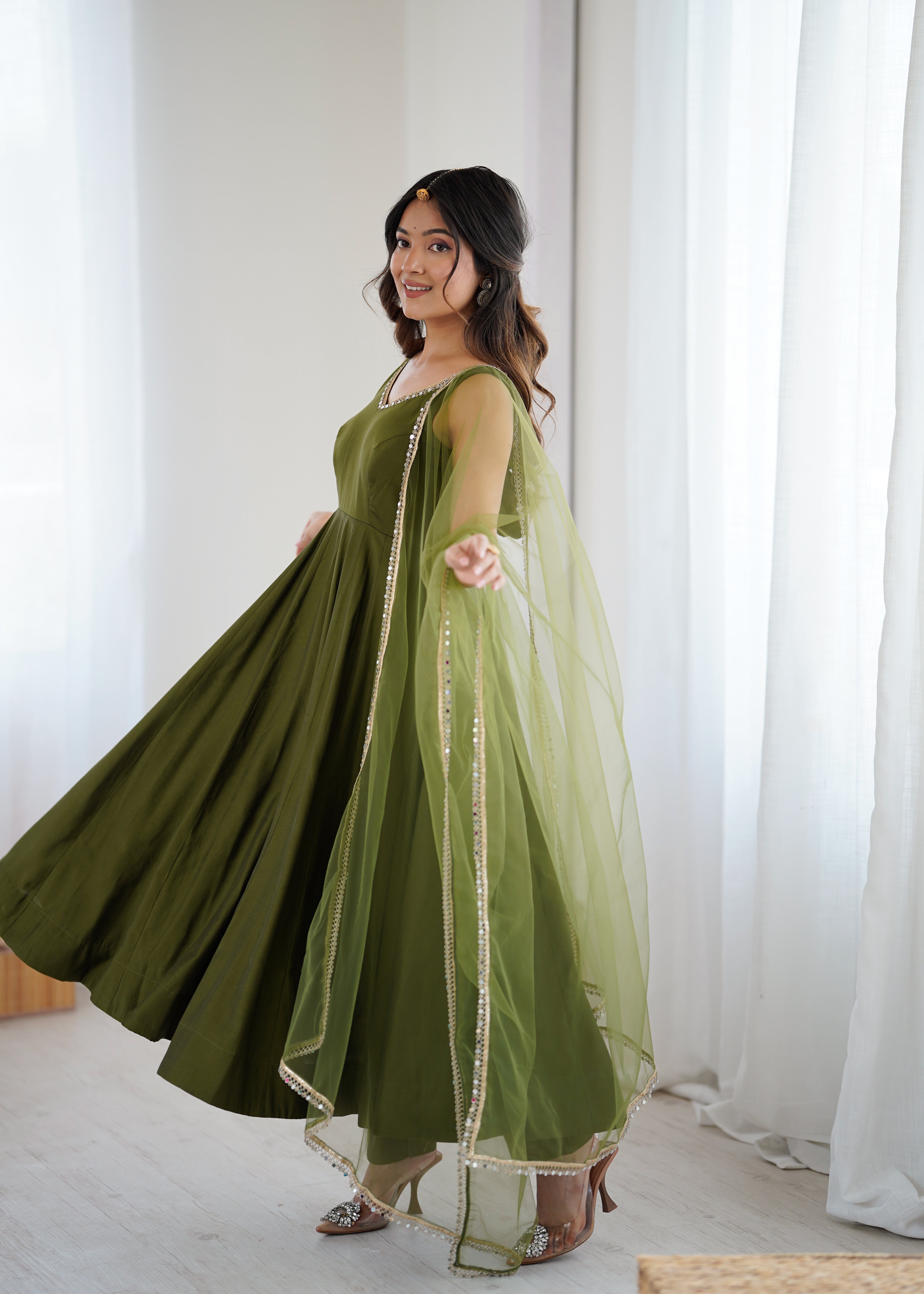 Most Beautiful Green Color Fully Flair Party Wear Anarkali Gown