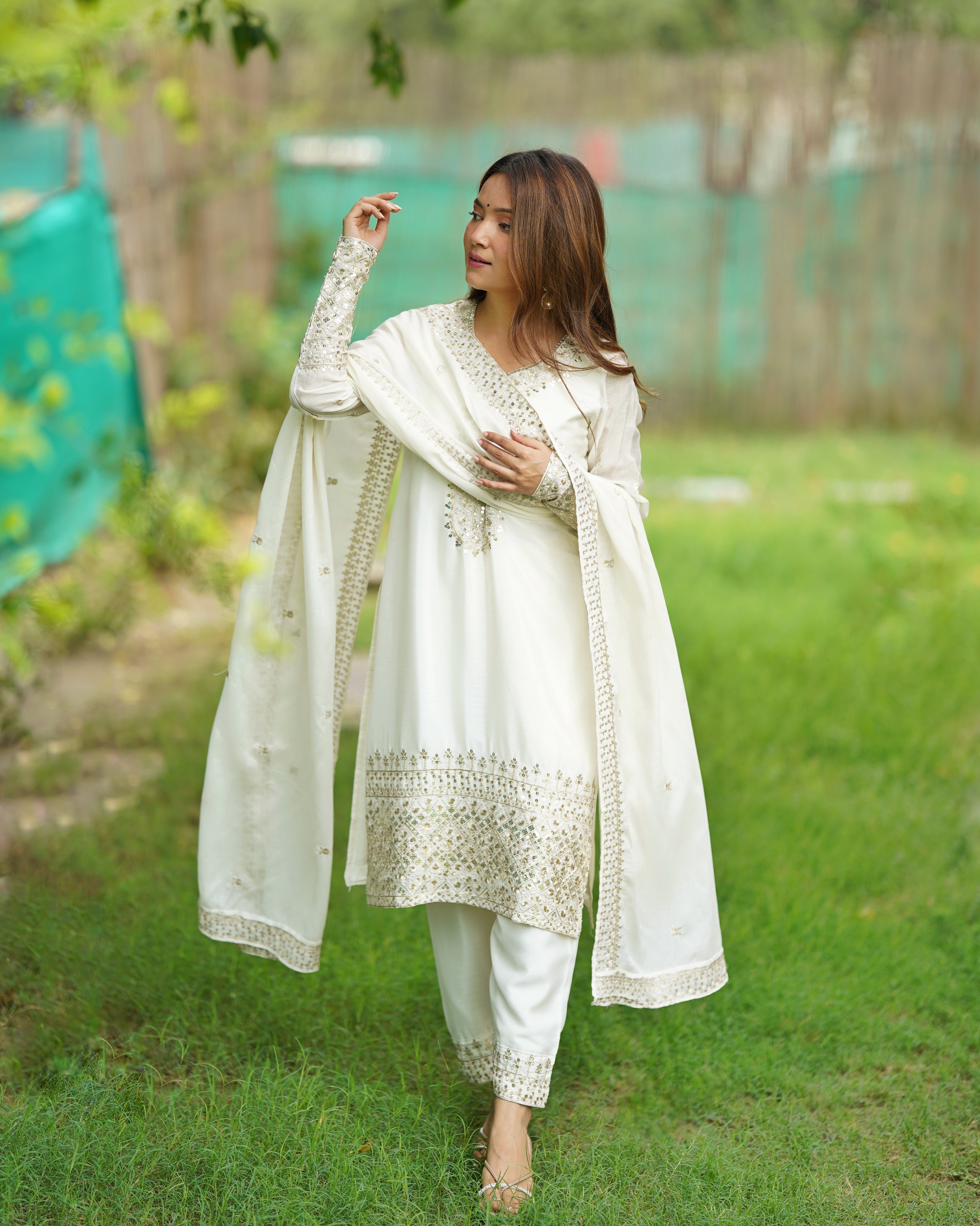 Eid Special Chinon Silk Designer Dress With Pant & Dupatta Set