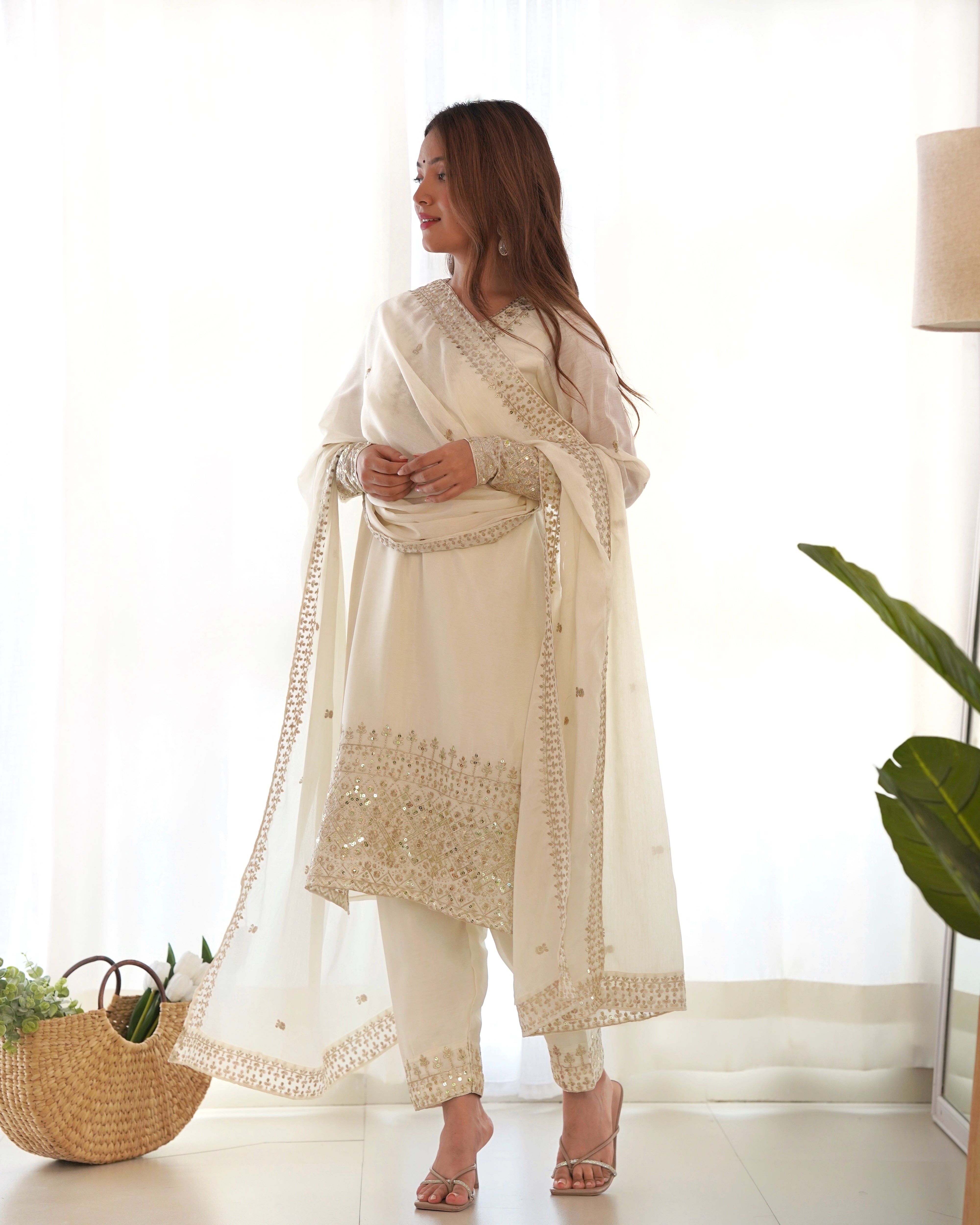 Eid Special Chinon Silk Designer Dress With Pant & Dupatta Set