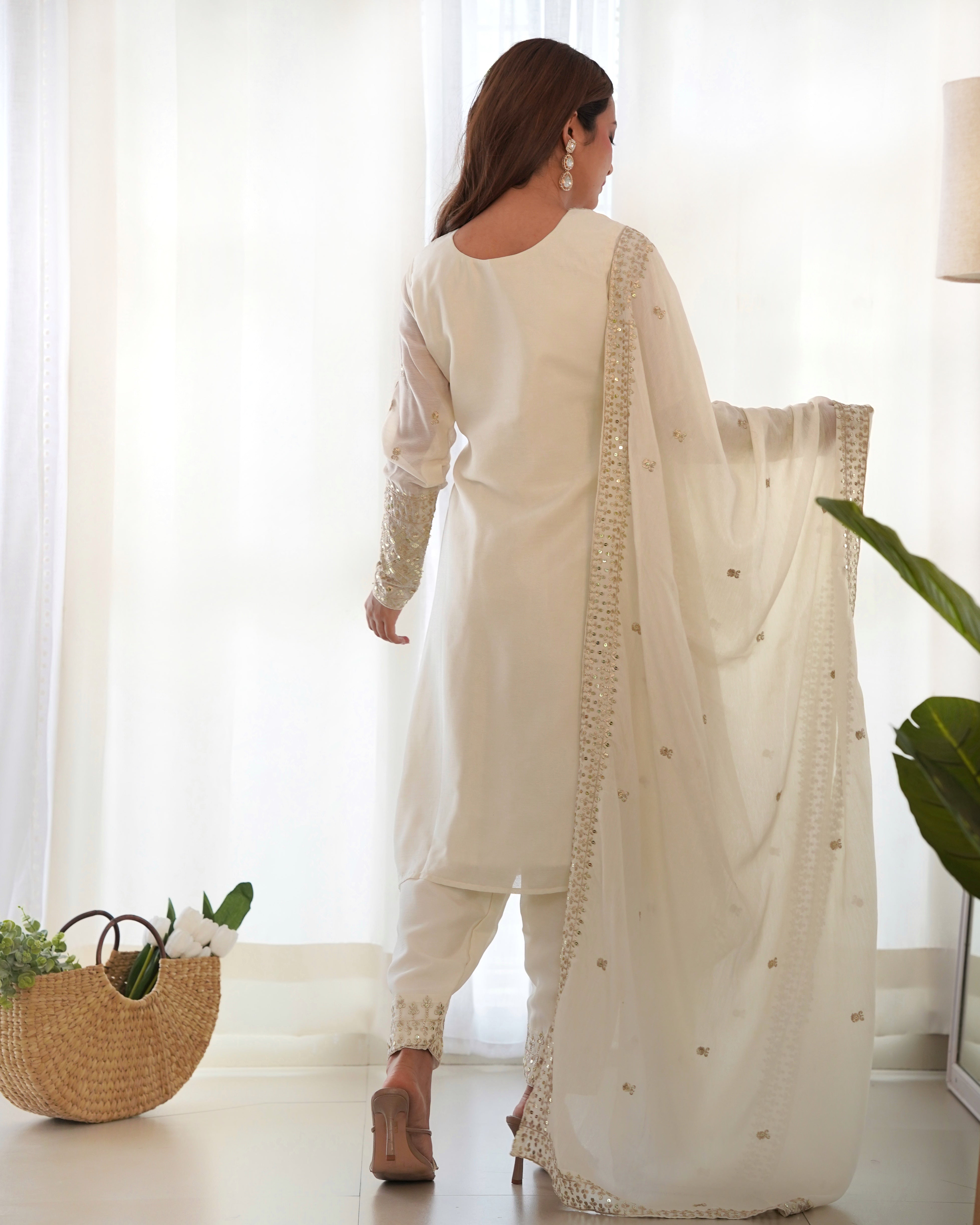 Eid Special Chinon Silk Designer Dress With Pant & Dupatta Set