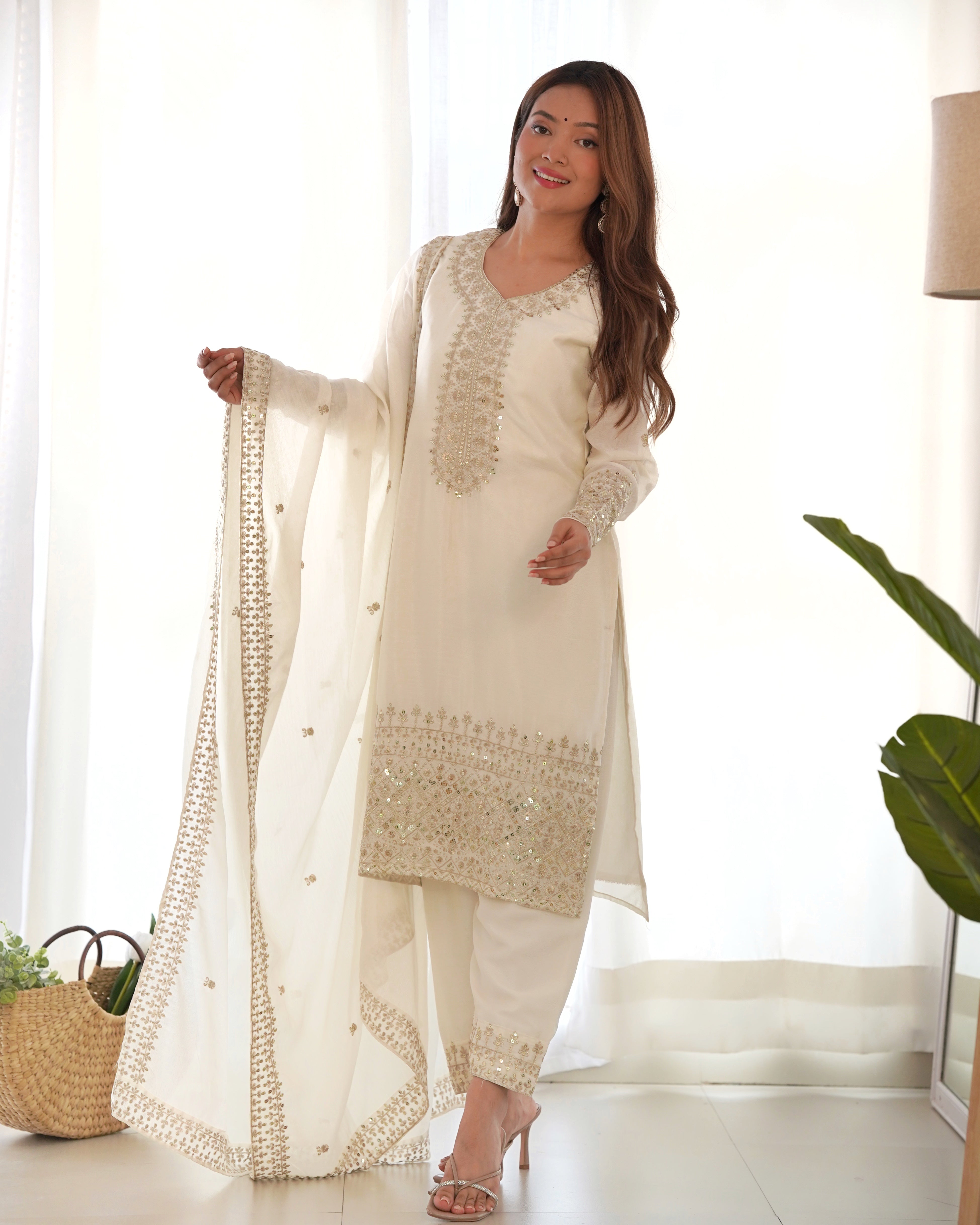 Eid Special Chinon Silk Designer Dress With Pant & Dupatta Set