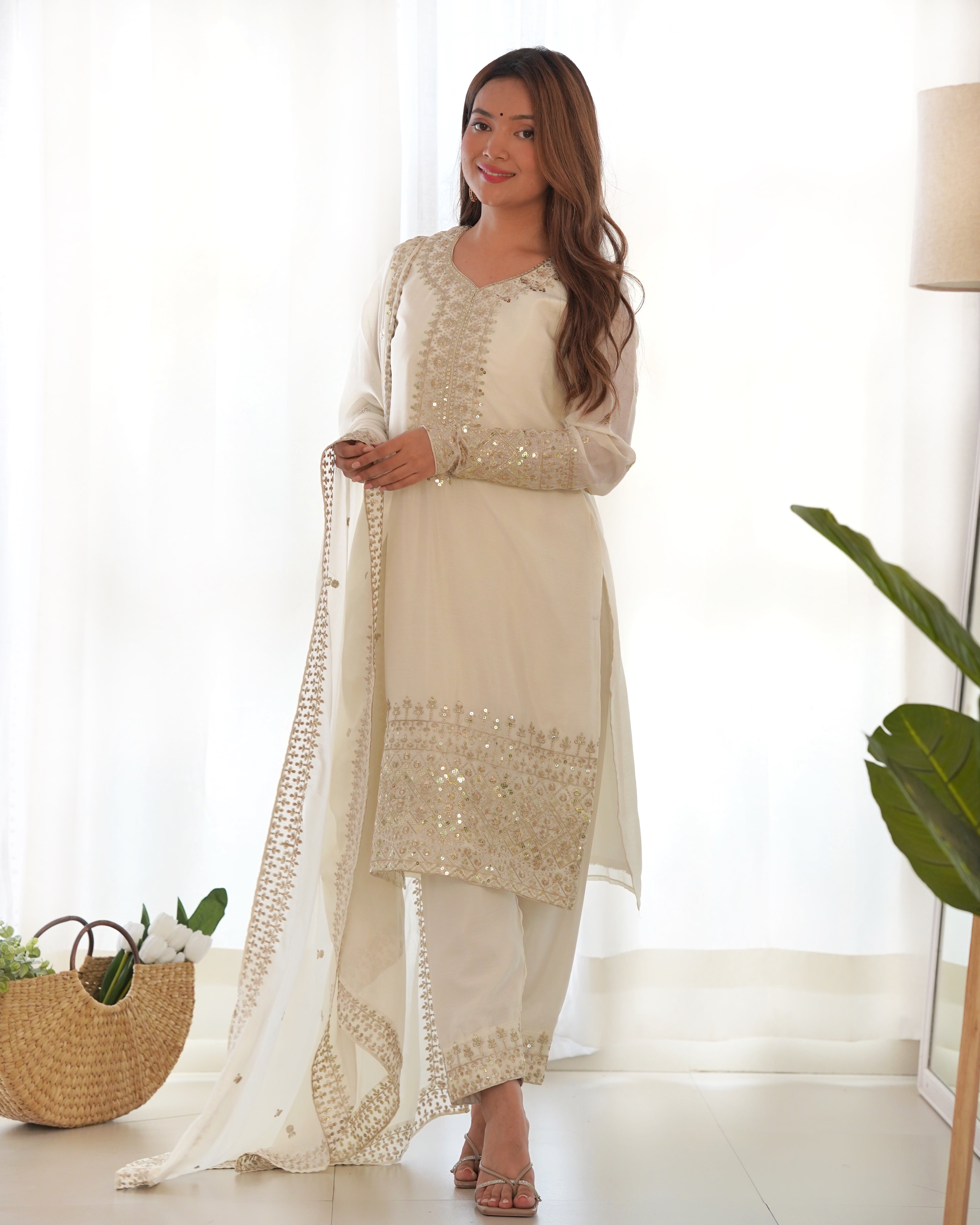 Eid Special Chinon Silk Designer Dress With Pant & Dupatta Set