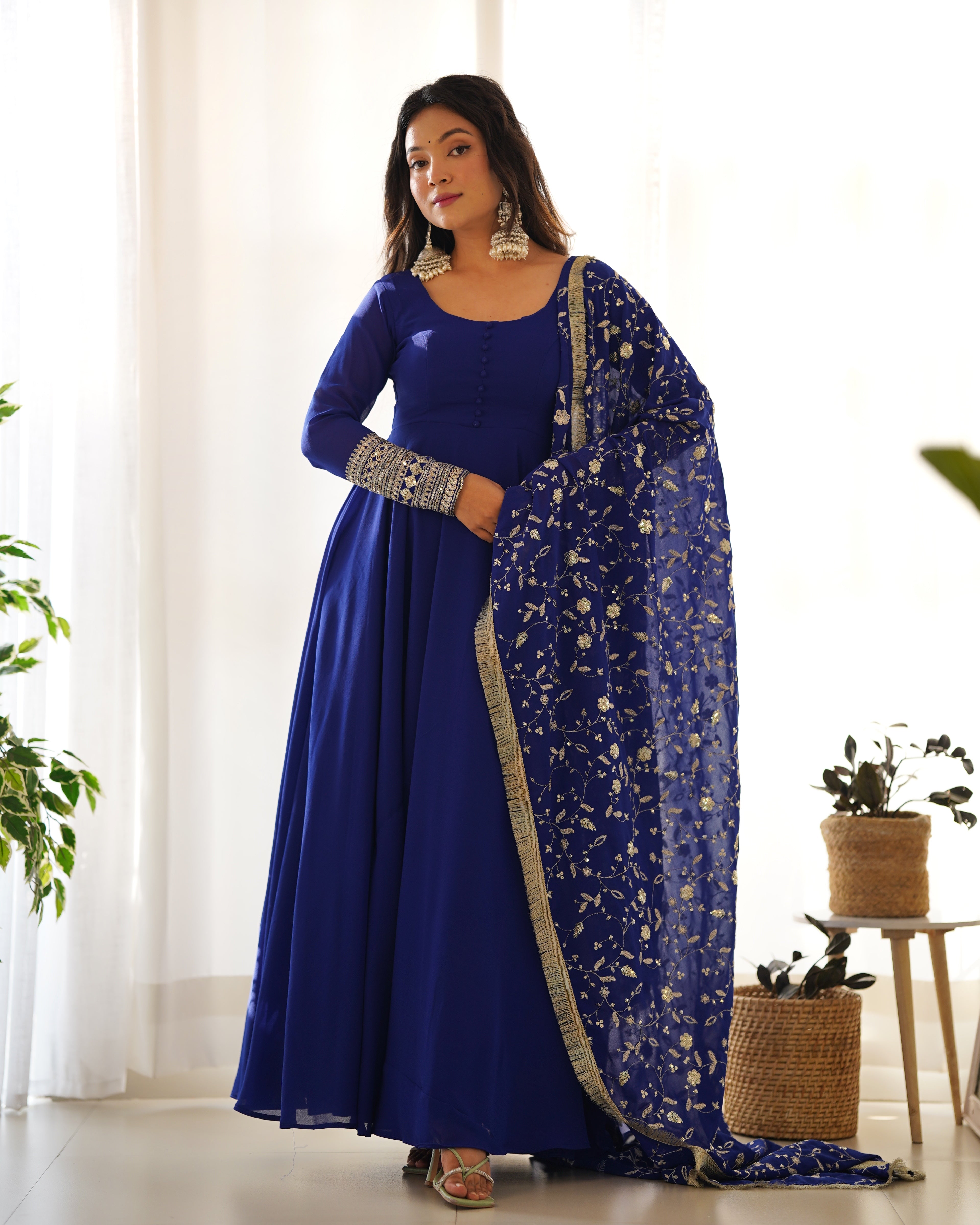 Most Trending Georgette Anarkali Gown With Pant & Dupatta Set