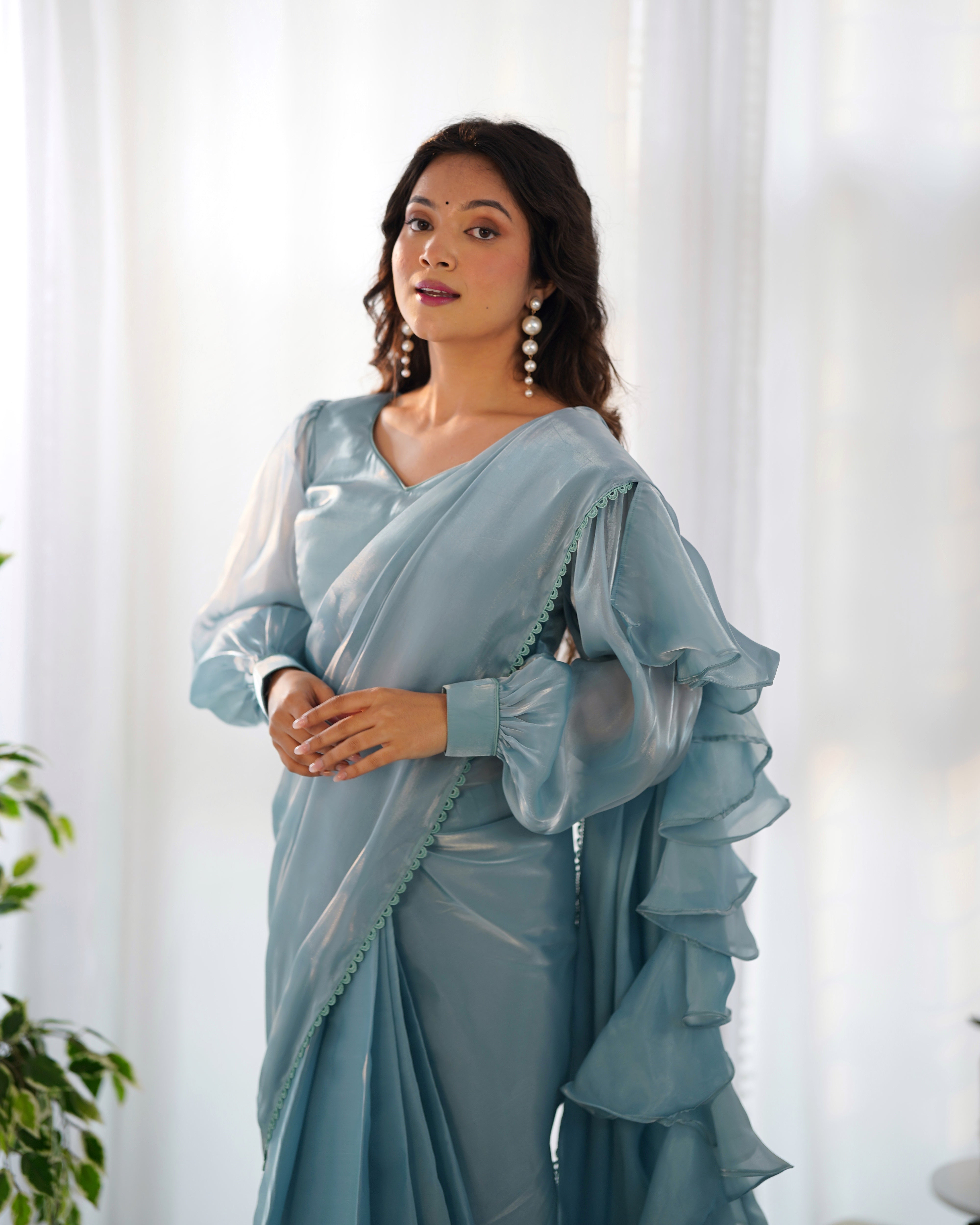 Sky Blue Color Jimmy Choo Ready To Wear Saree