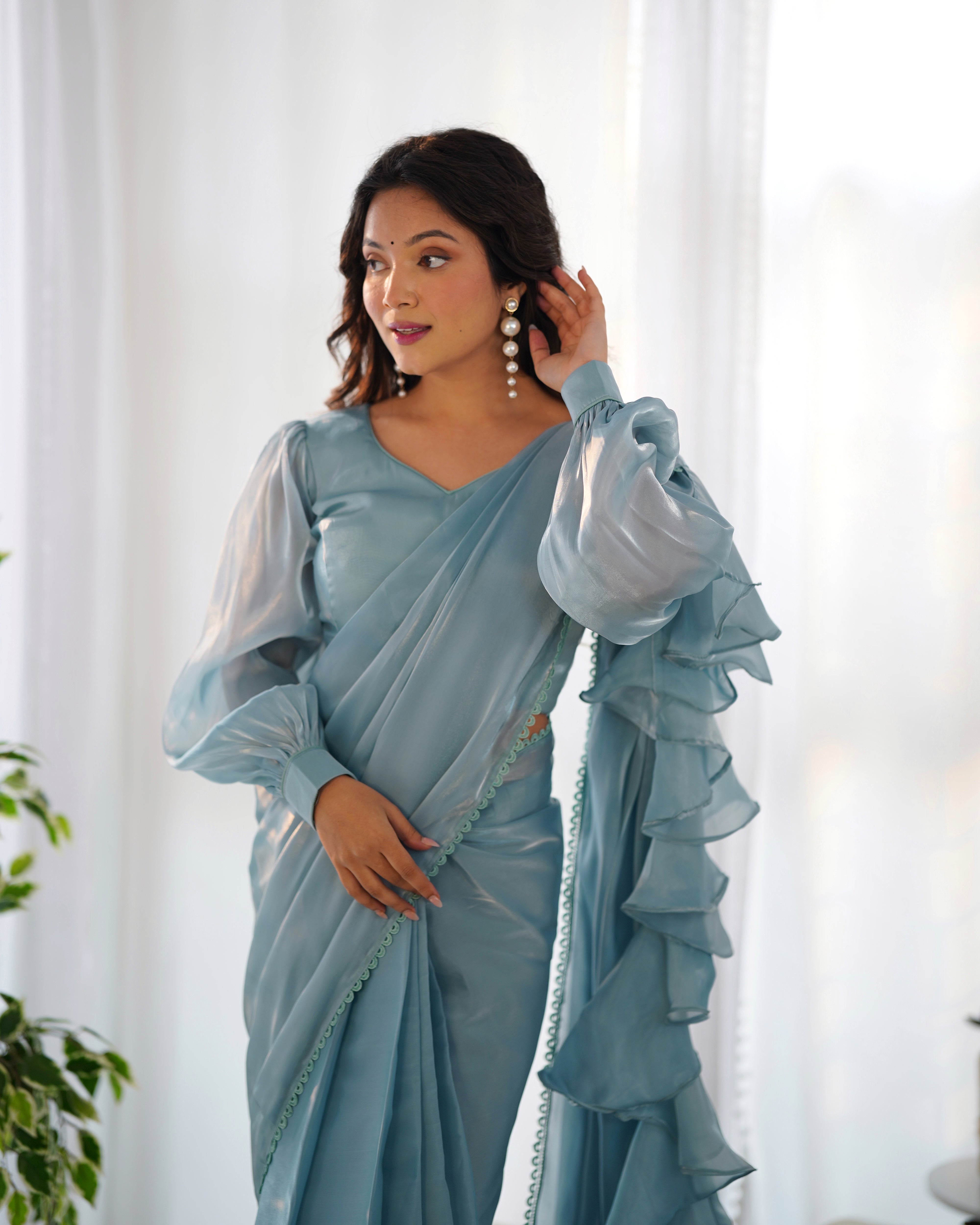 Sky Blue Color Jimmy Choo Ready To Wear Saree