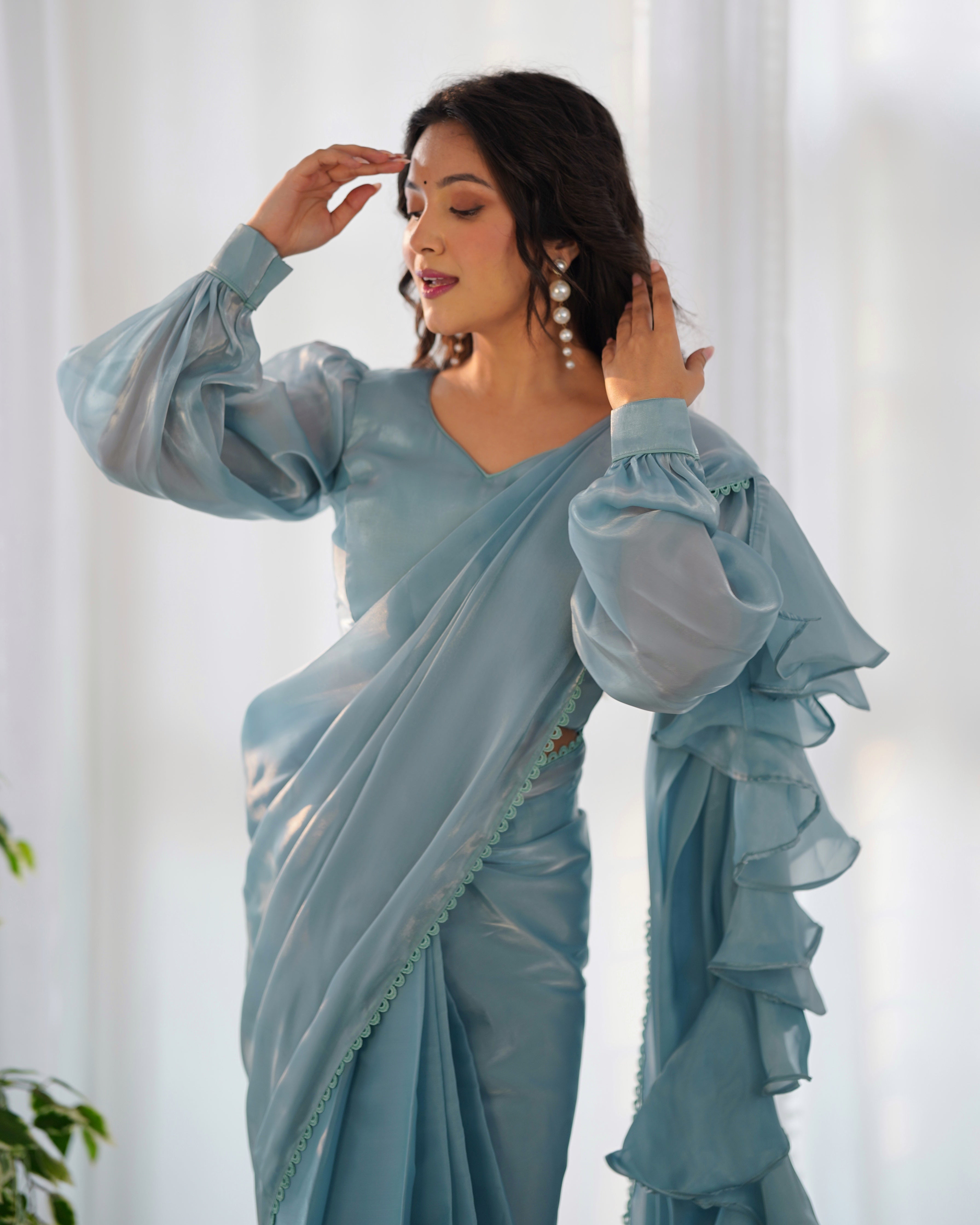 Sky Blue Color Jimmy Choo Ready To Wear Saree