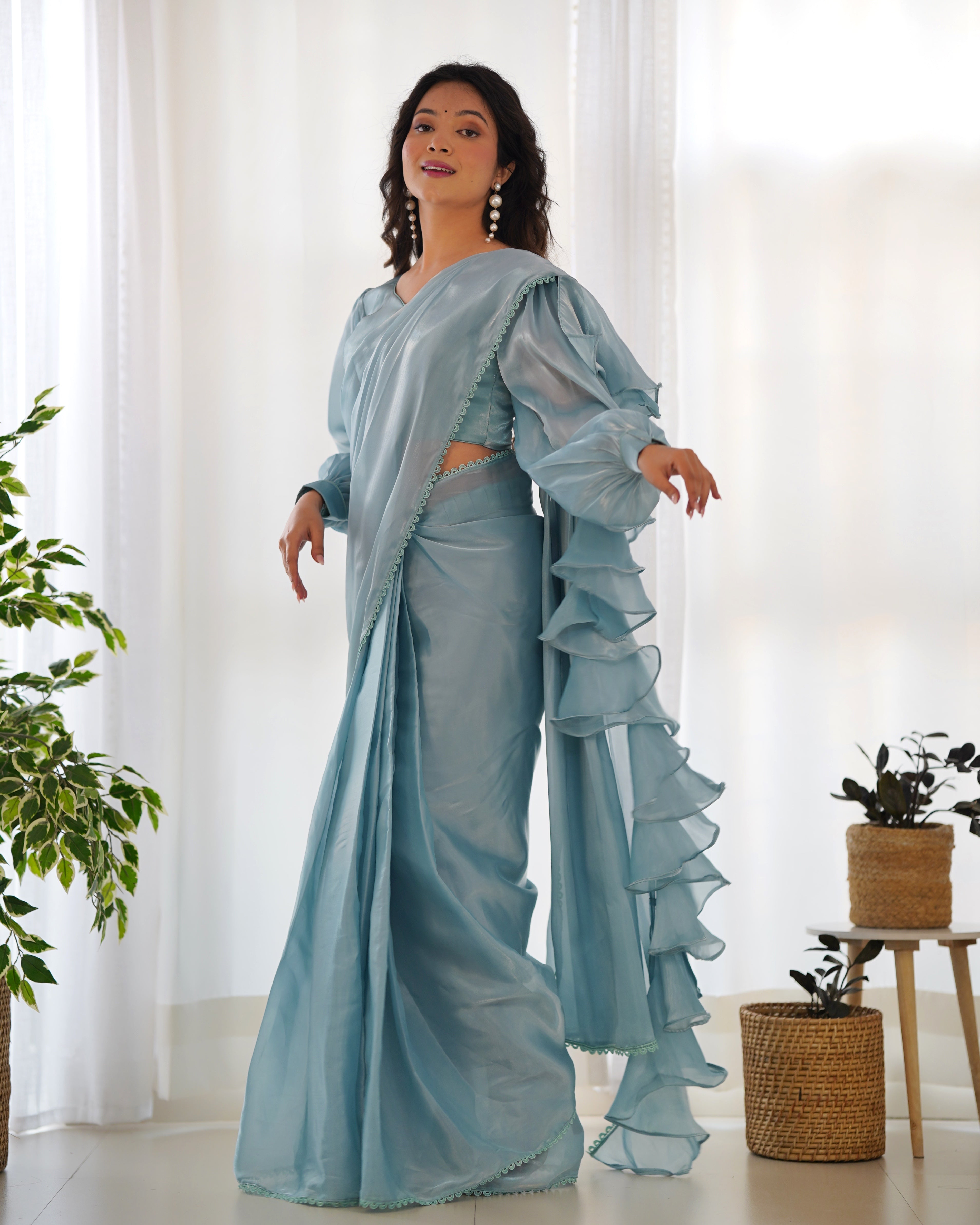 Sky Blue Color Jimmy Choo Ready To Wear Saree