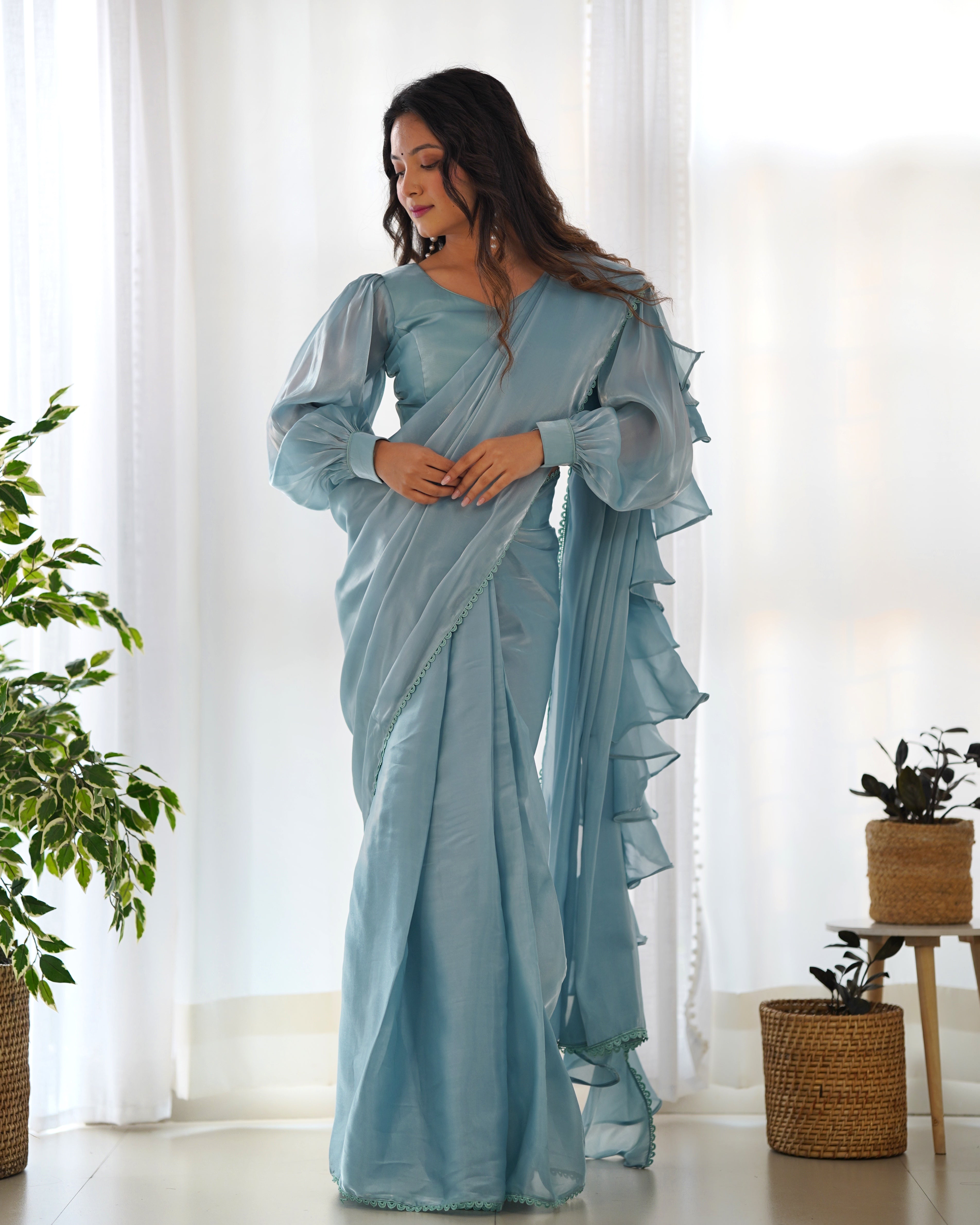 Sky Blue Color Jimmy Choo Ready To Wear Saree