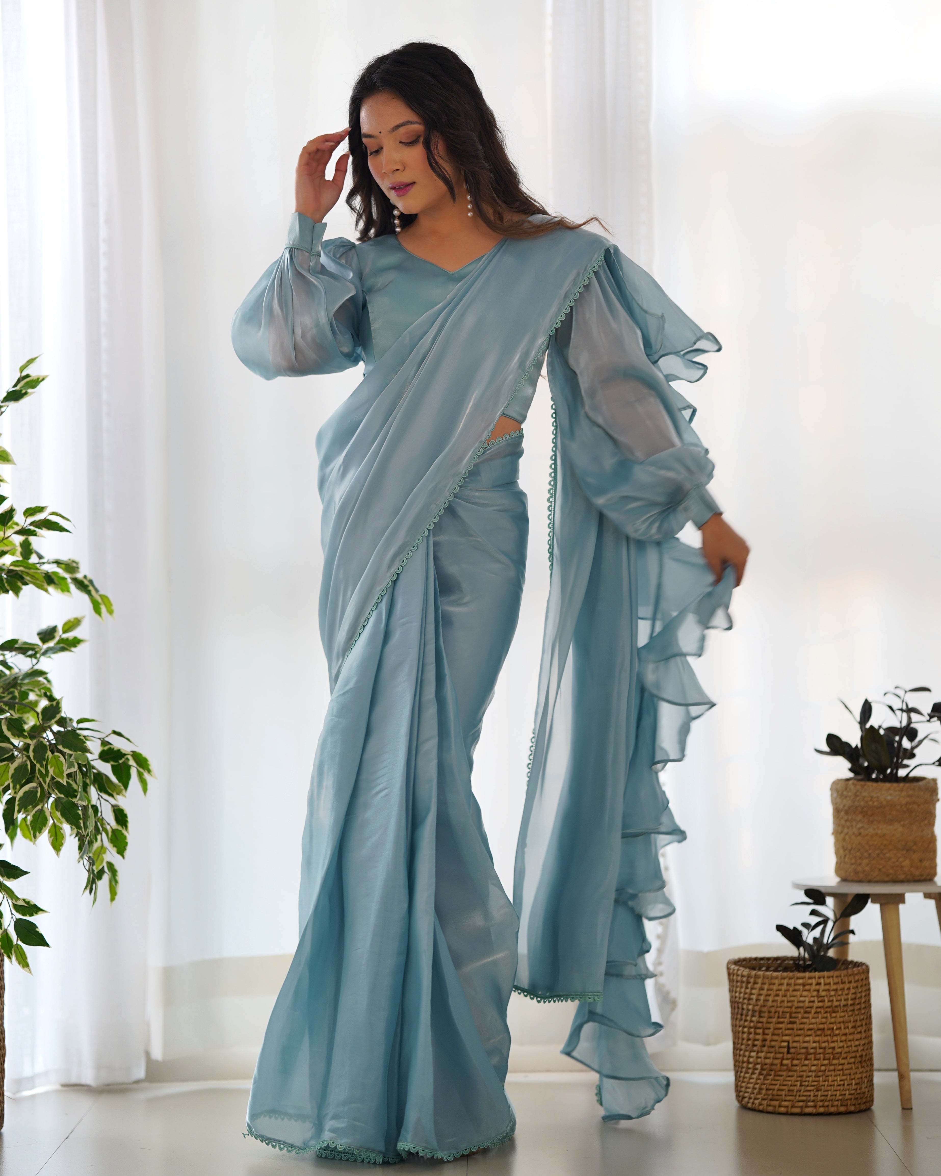 Sky Blue Color Jimmy Choo Ready To Wear Saree