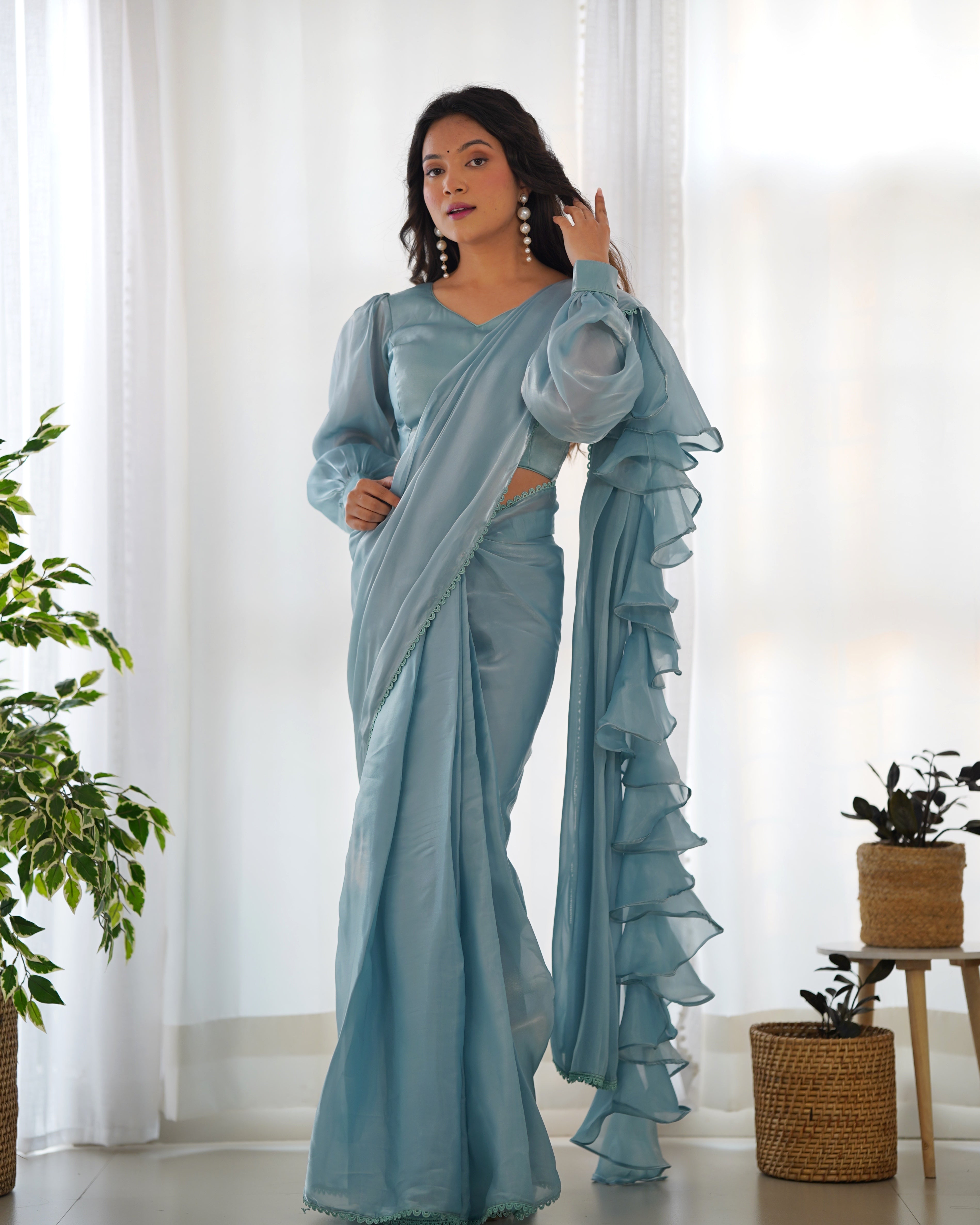 Sky Blue Color Jimmy Choo Ready To Wear Saree