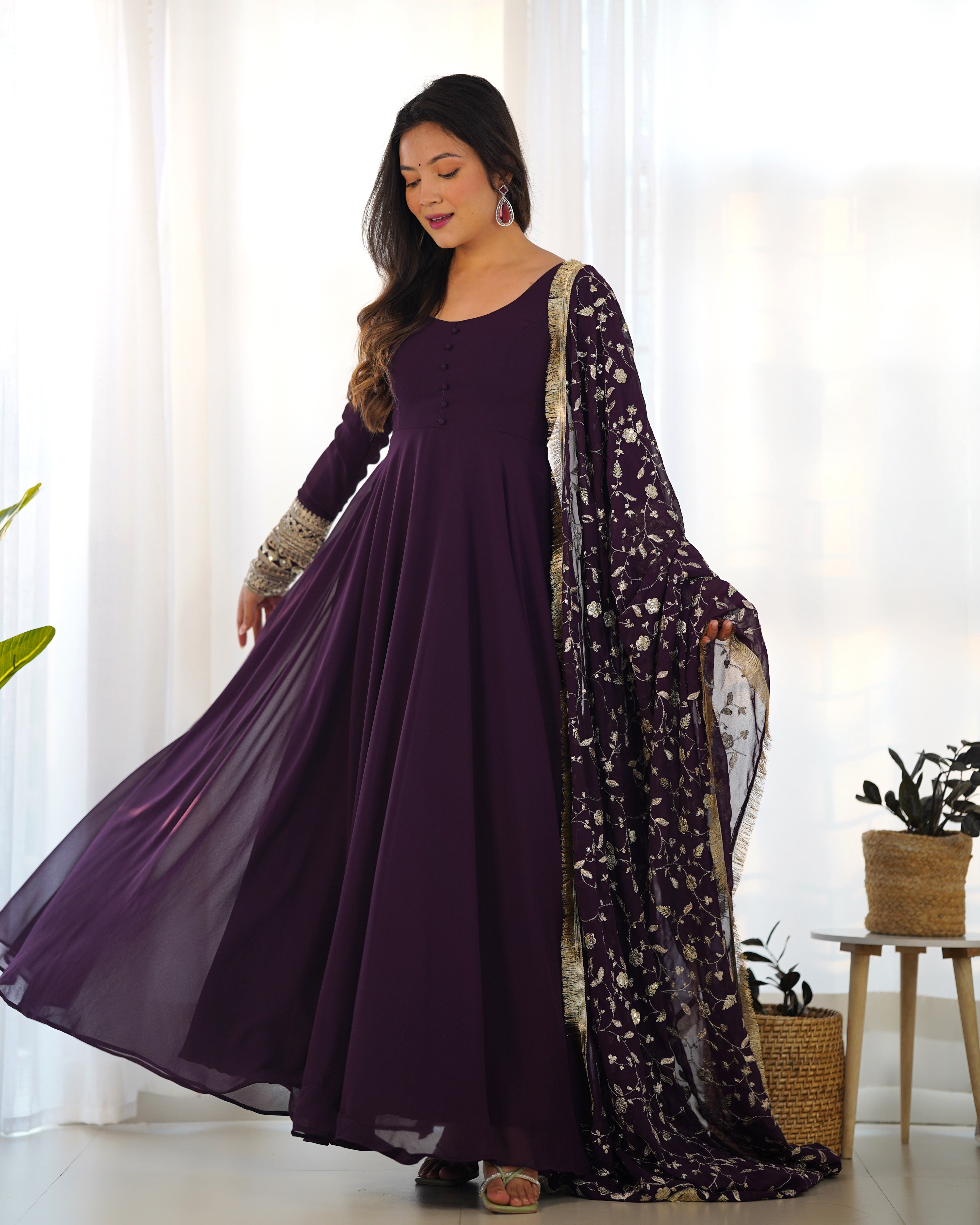 Most Trending Georgette Anarkali Gown With Pant & Dupatta Set