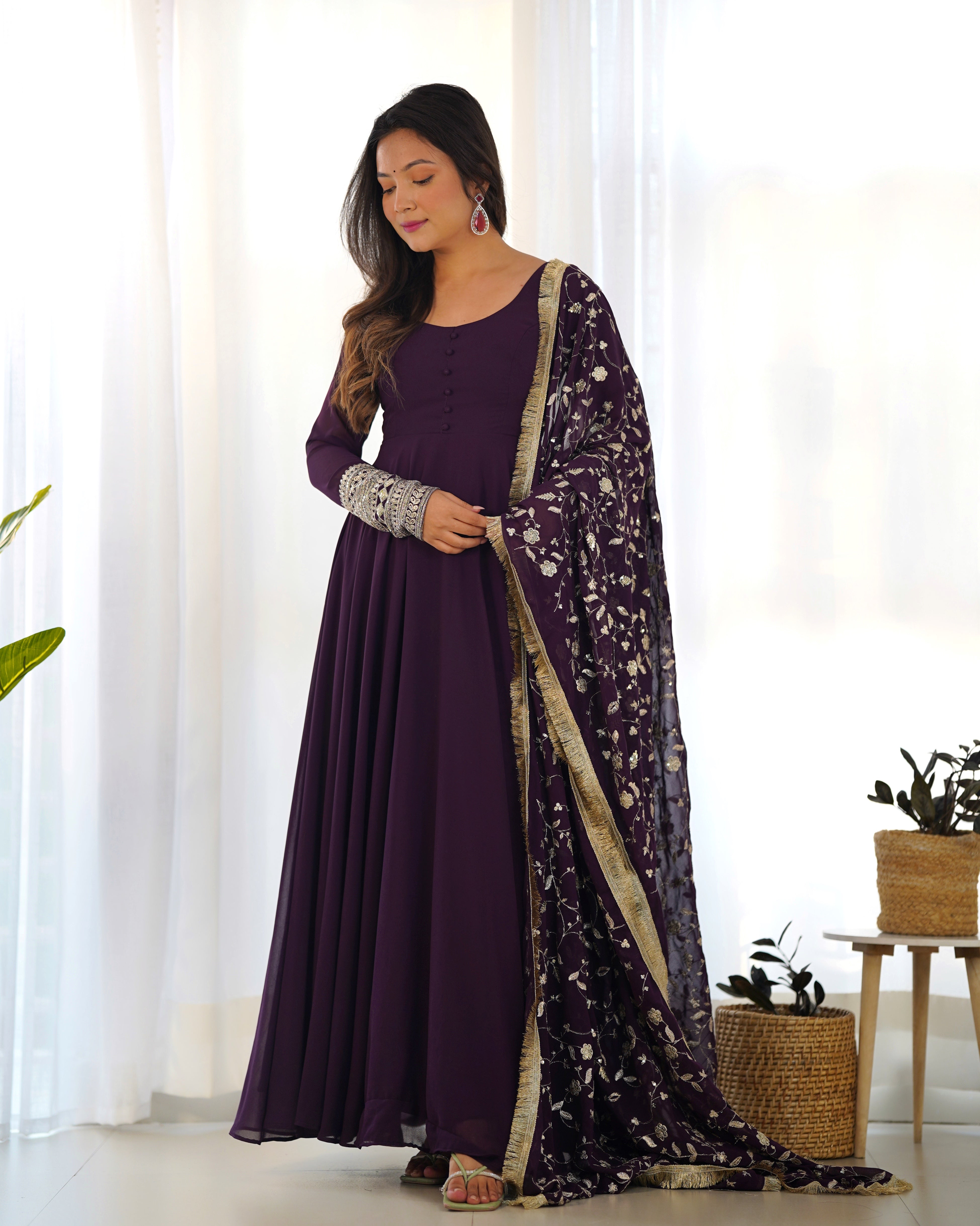 Most Trending Georgette Anarkali Gown With Pant & Dupatta Set