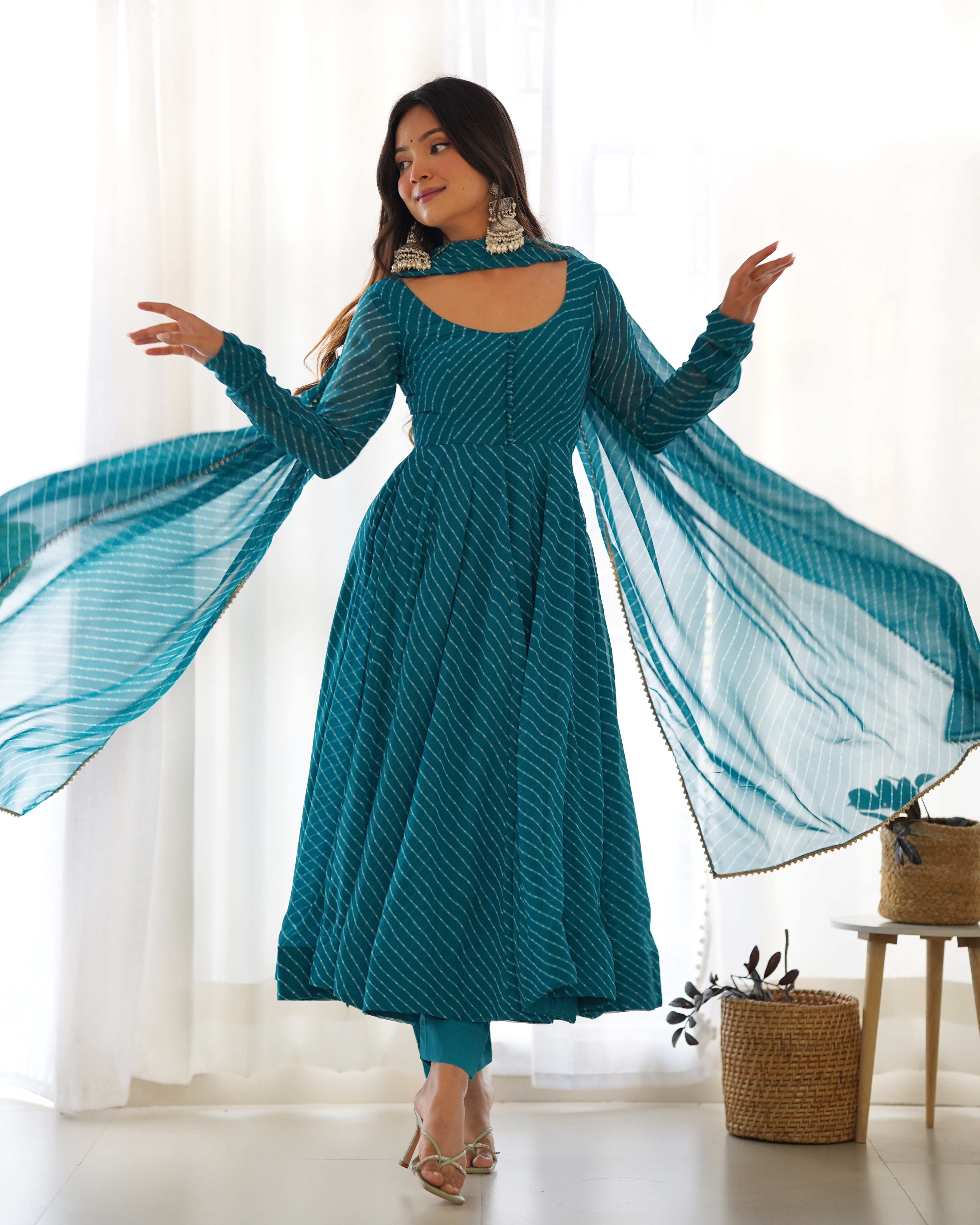 Teal Blue color Georgette Printed Anarkali Dress With Pant & Dupatta