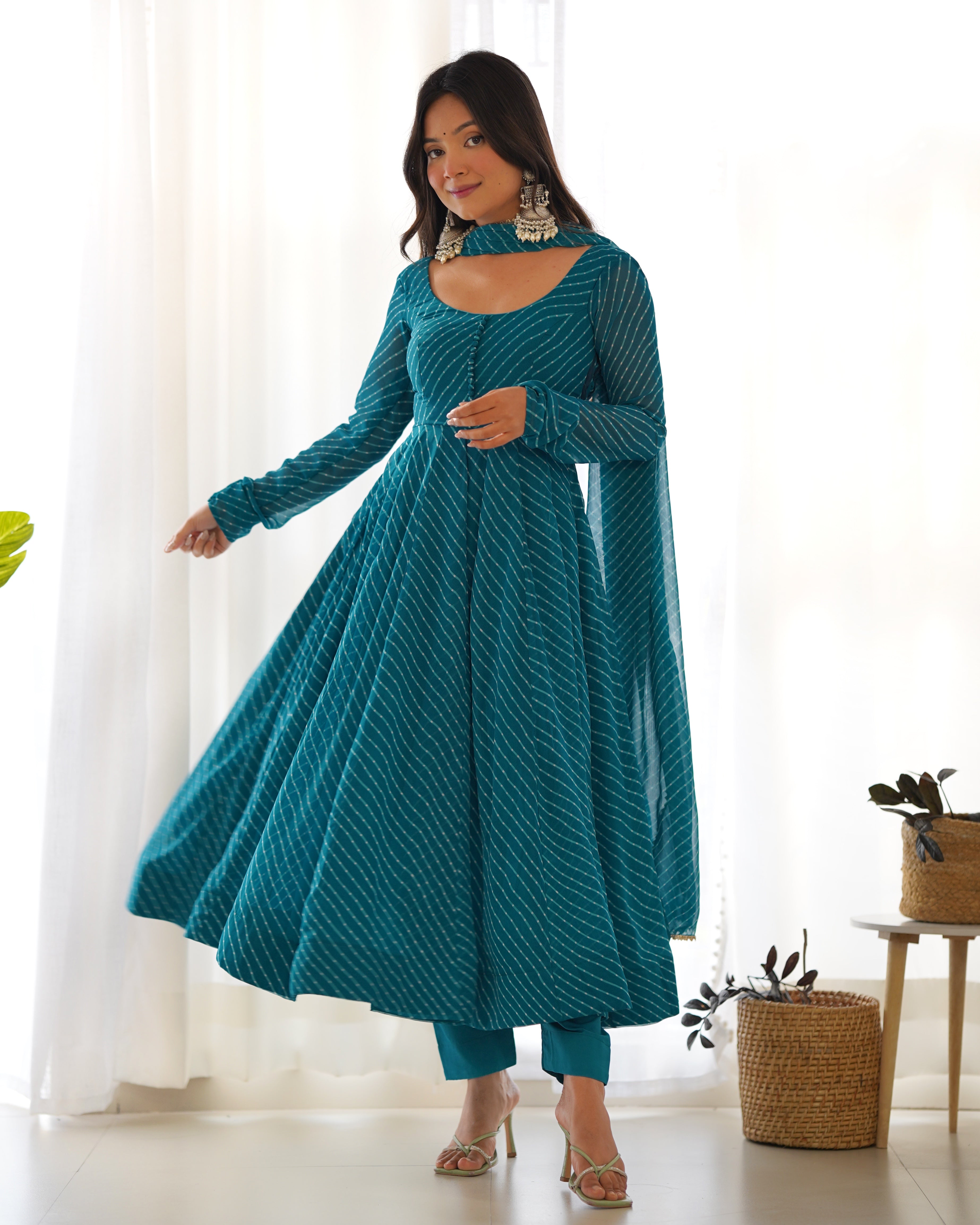 Teal Blue color Georgette Printed Anarkali Dress With Pant & Dupatta