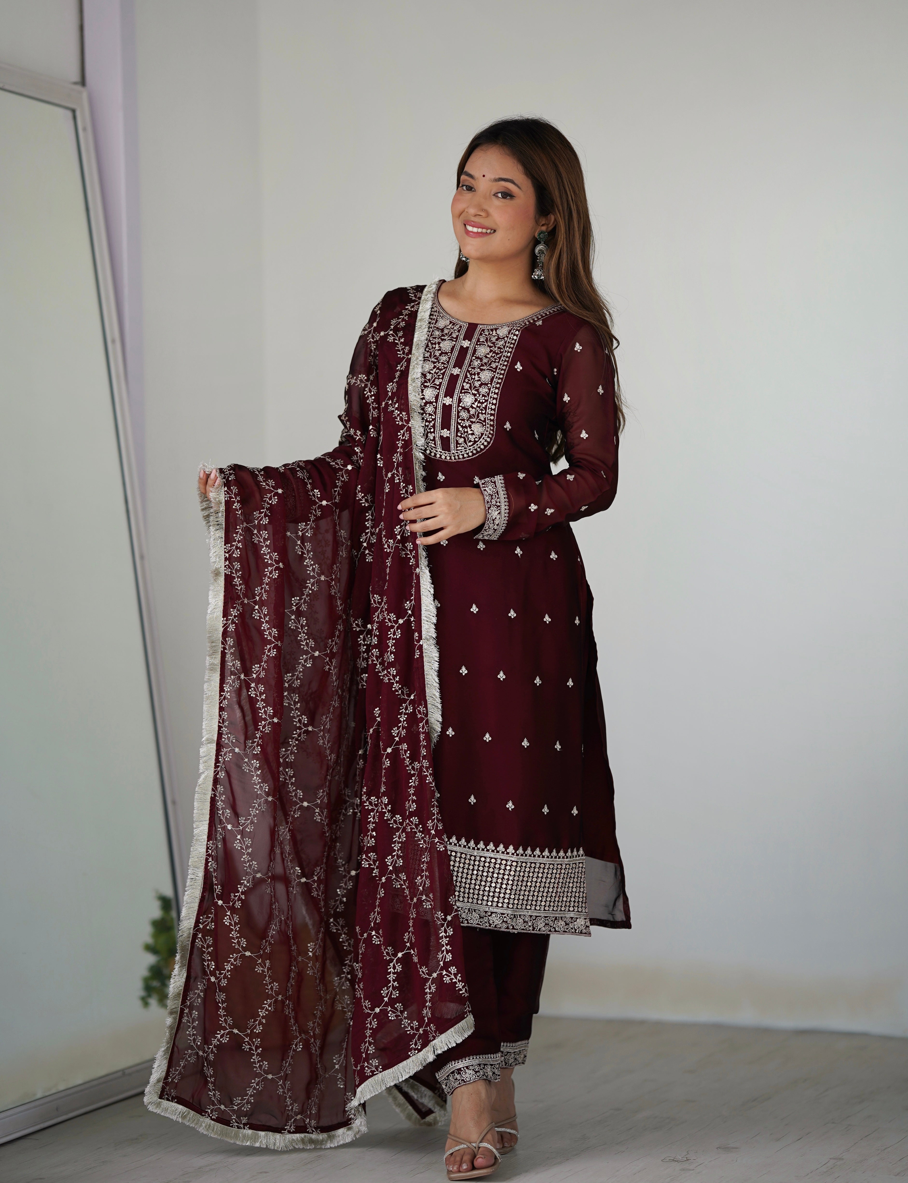 Most Attractive Maroon Color Party Wear Designer Suit