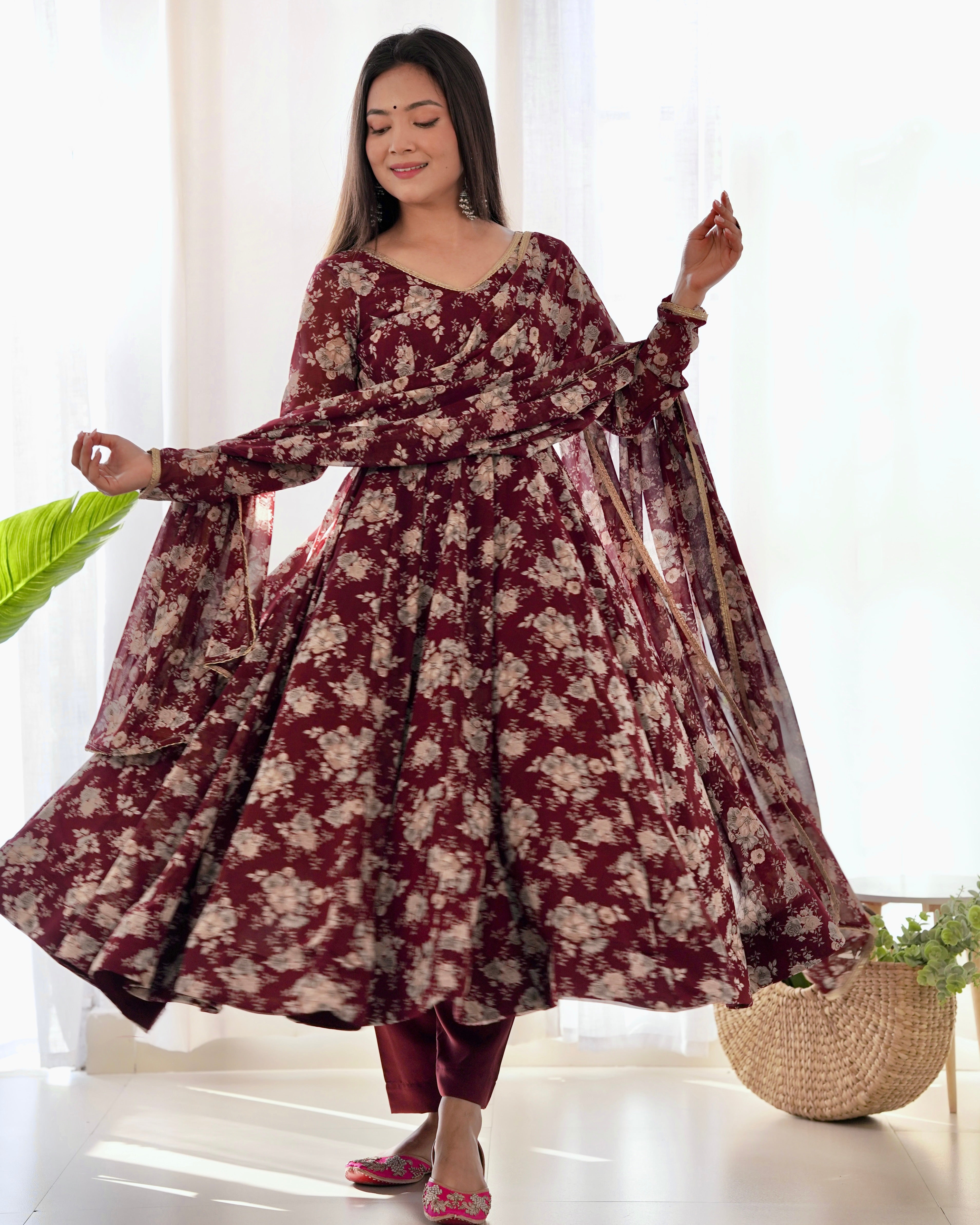 Maroon color Georgette Printed Anarkali Dress With Pant & Dupatta