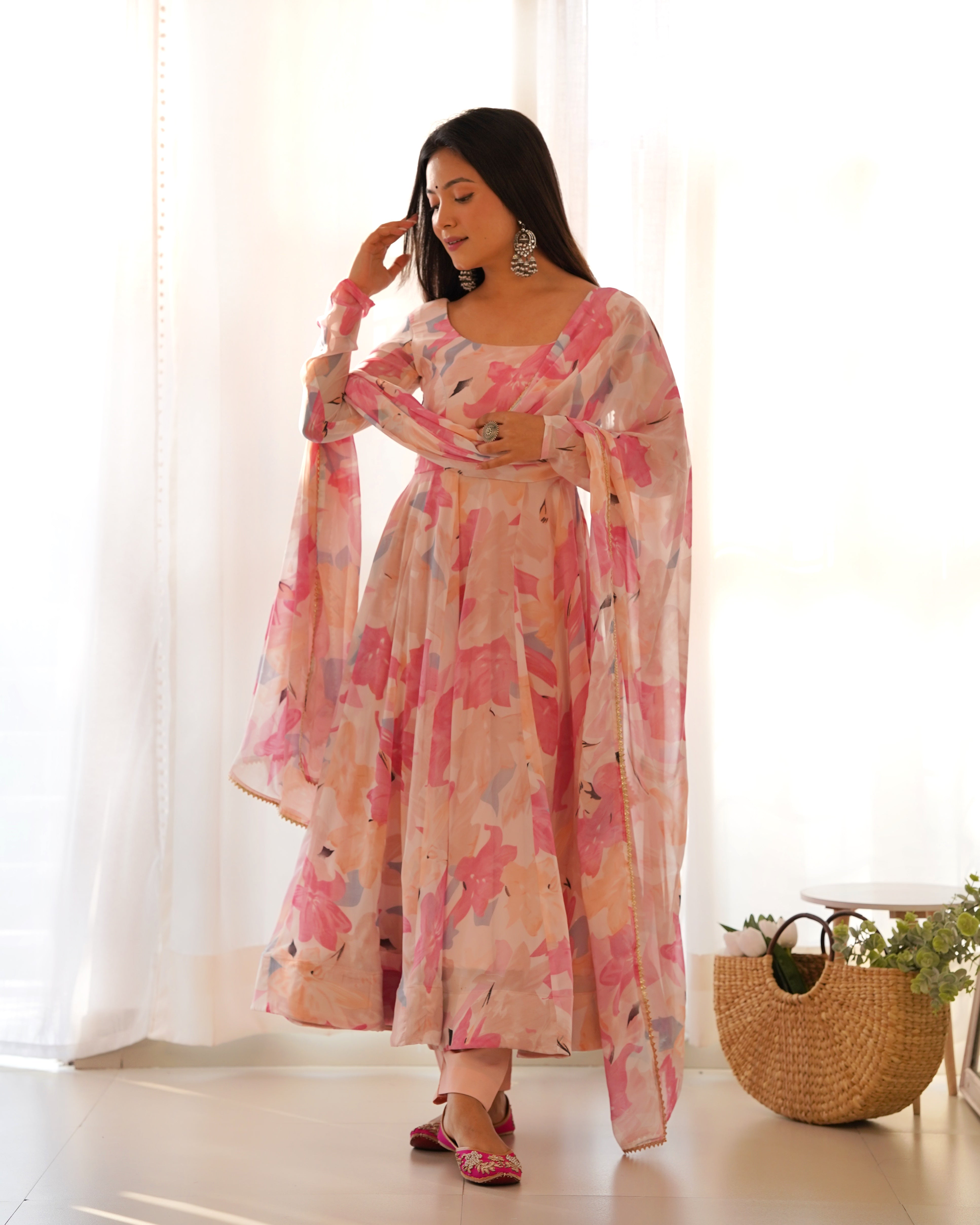 Light Peach Georgette Printed Anarkali Dress With Pant & Dupatta