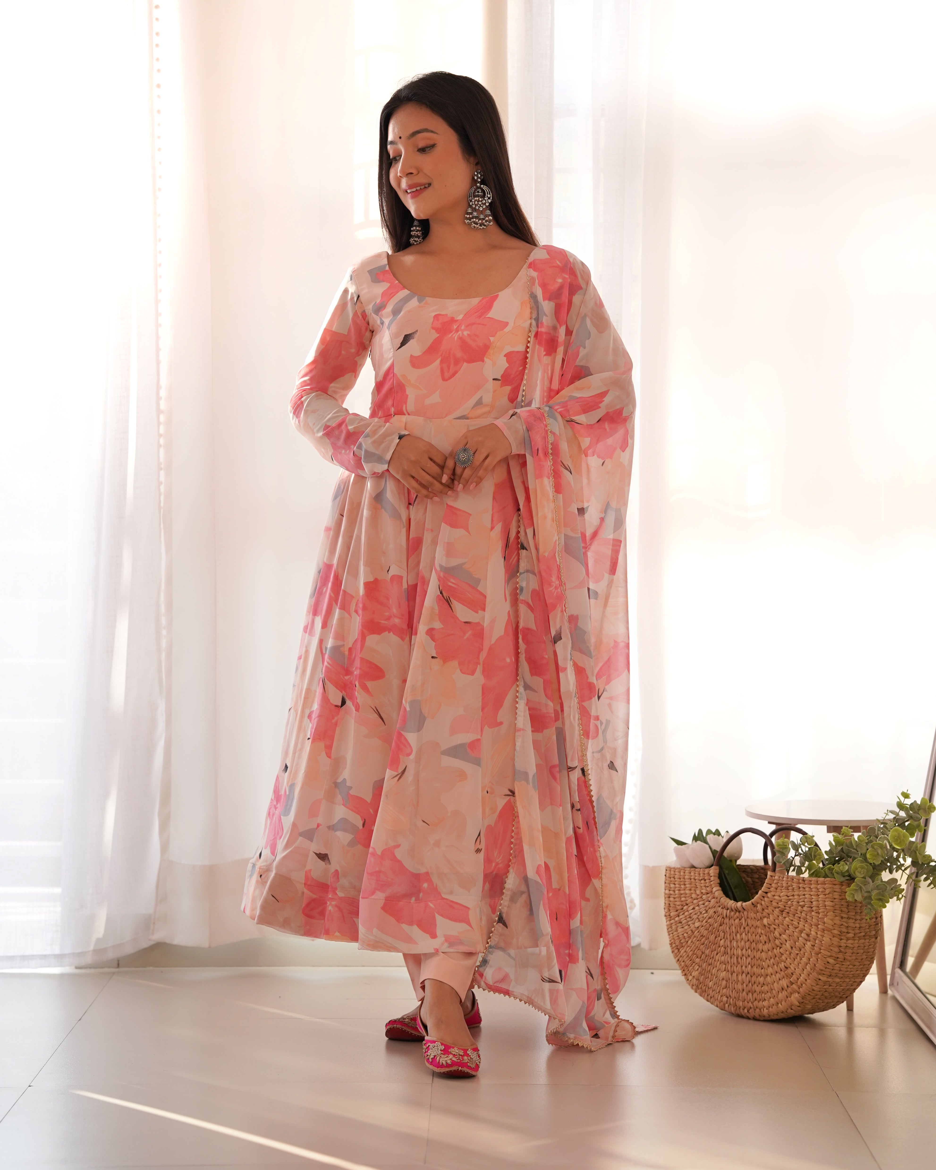 Light Peach Georgette Printed Anarkali Dress With Pant & Dupatta