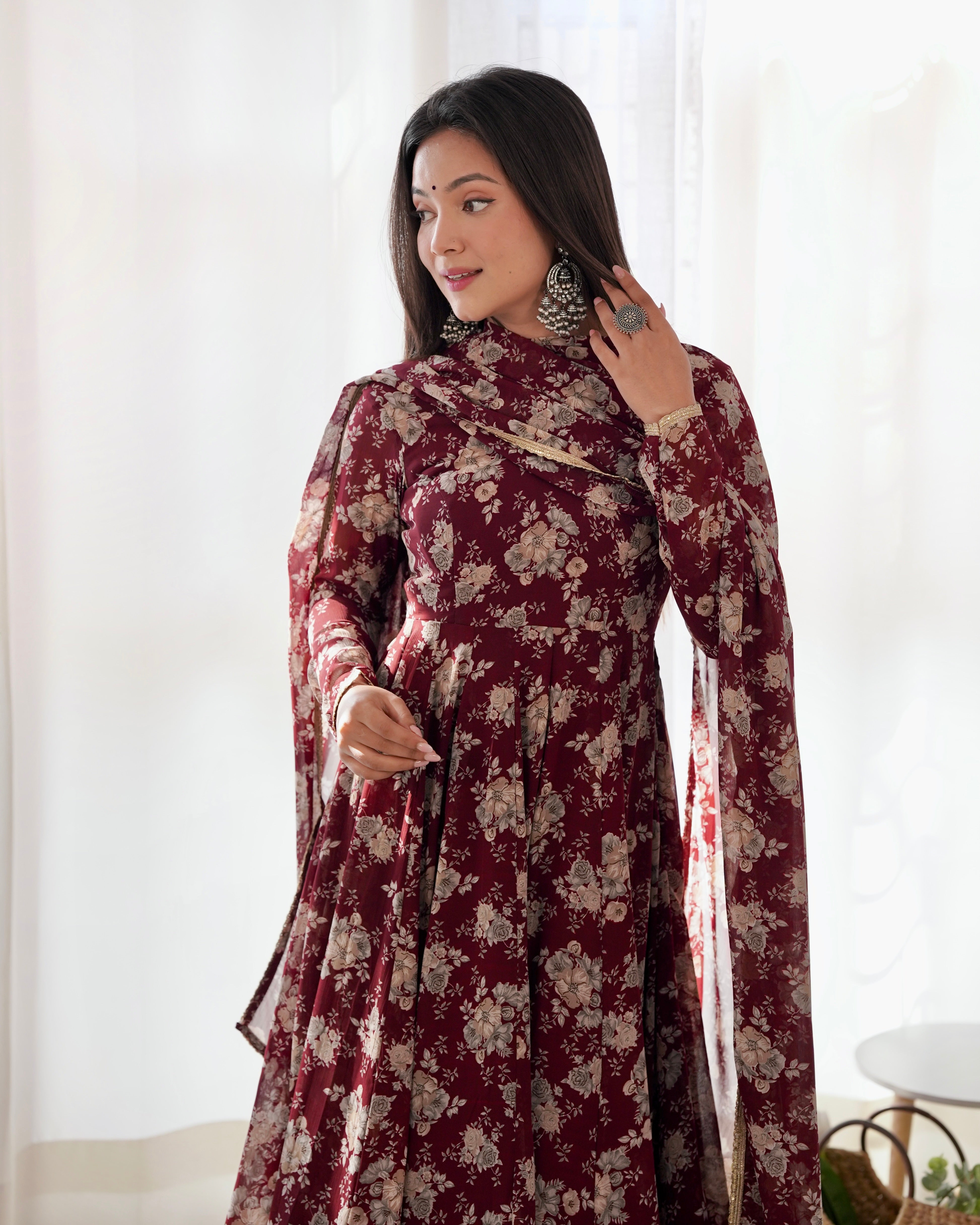 Maroon color Georgette Printed Anarkali Dress With Pant & Dupatta