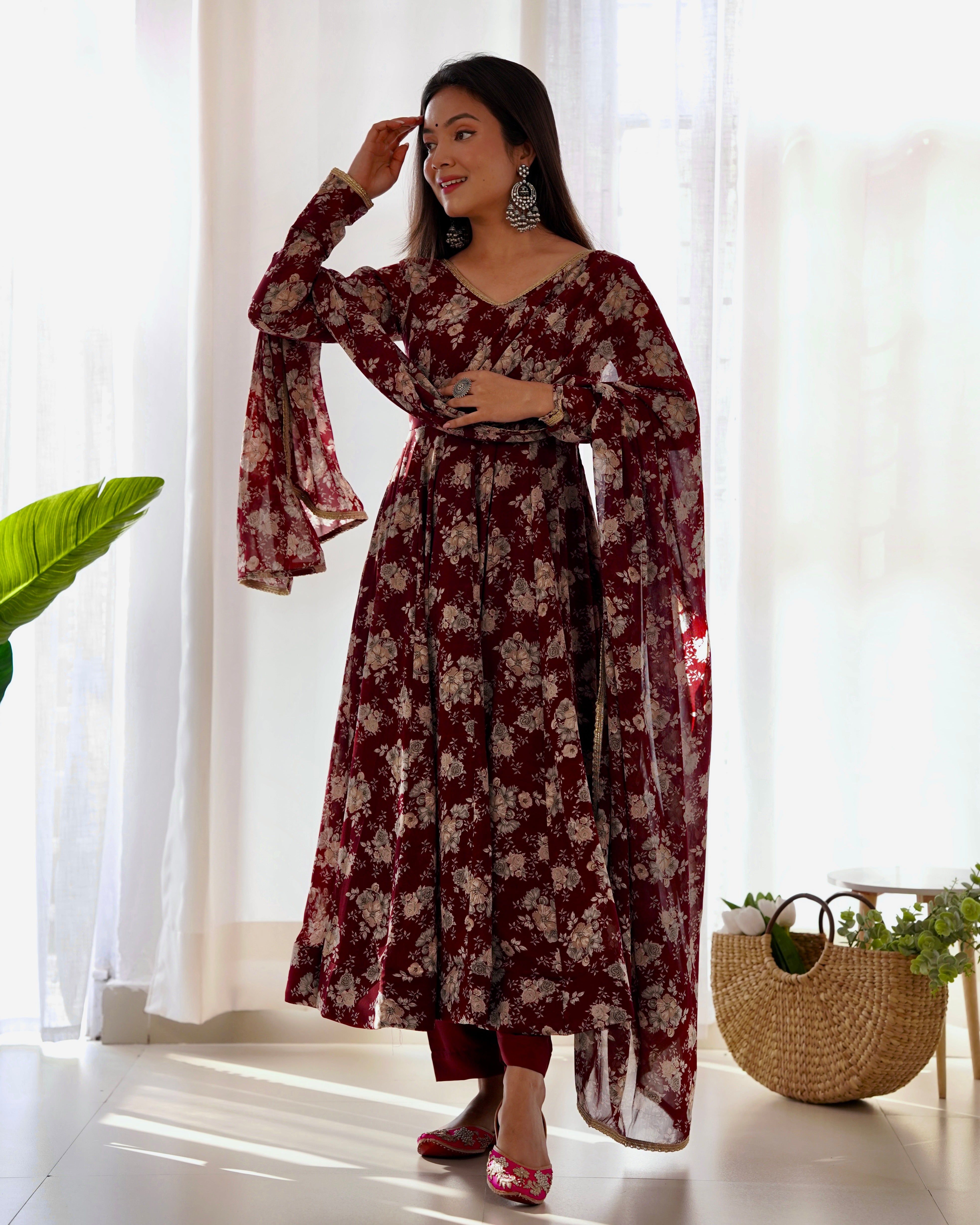 Maroon color Georgette Printed Anarkali Dress With Pant & Dupatta