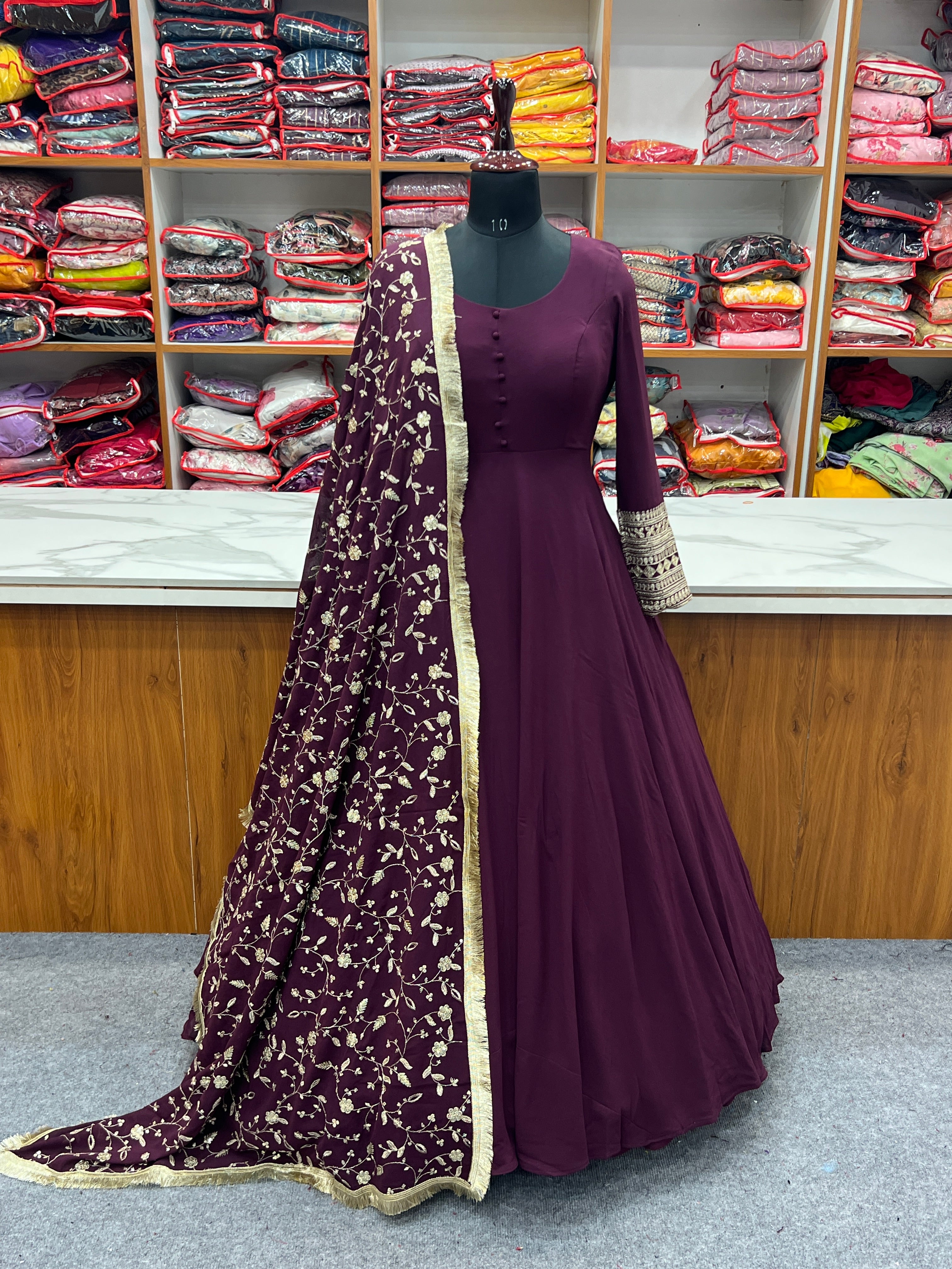 Most Trending Georgette Anarkali Gown With Pant & Dupatta Set