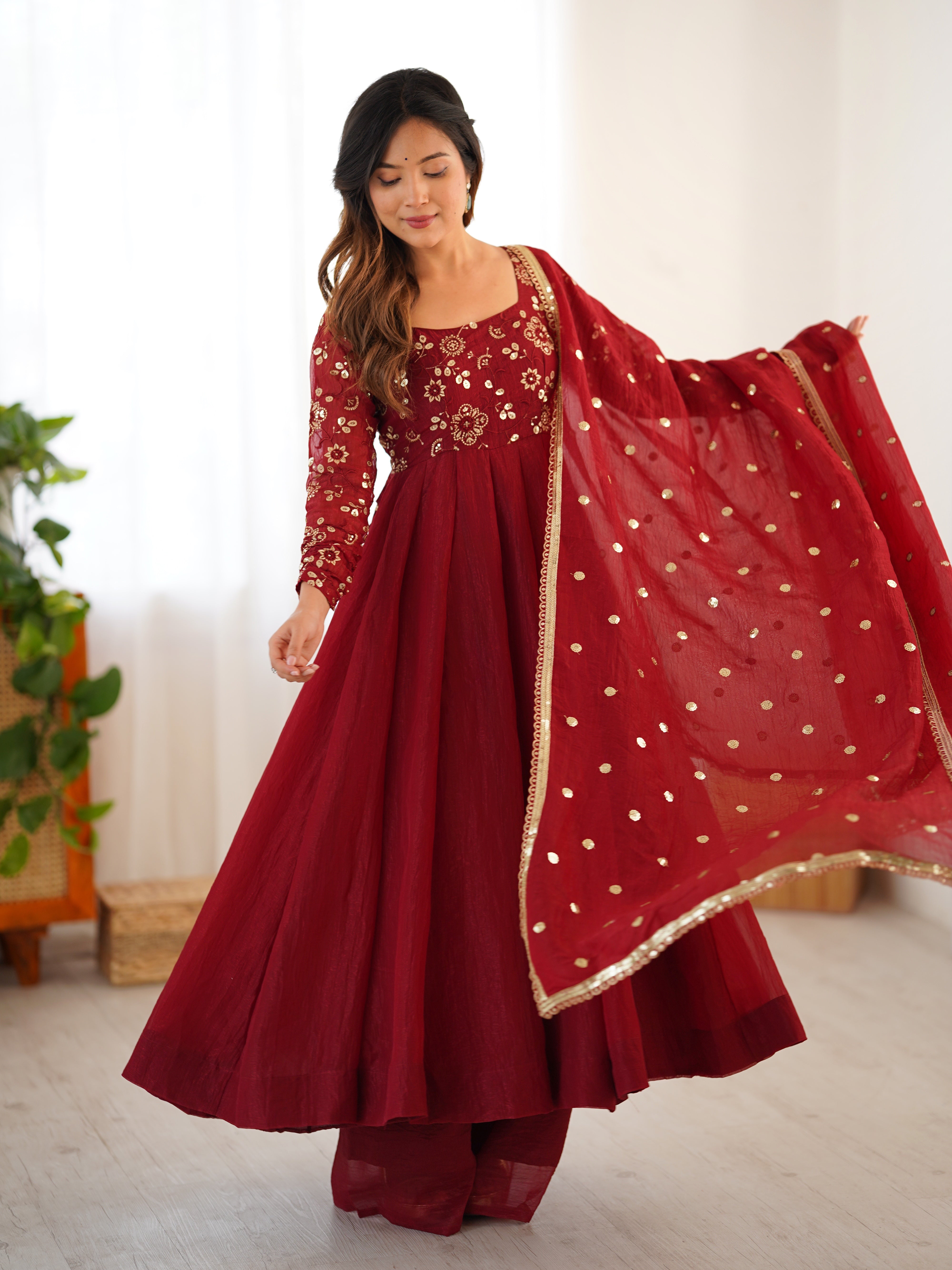 Most Trending Festive Special Fully Flair Maroon Color Anarkali Suit