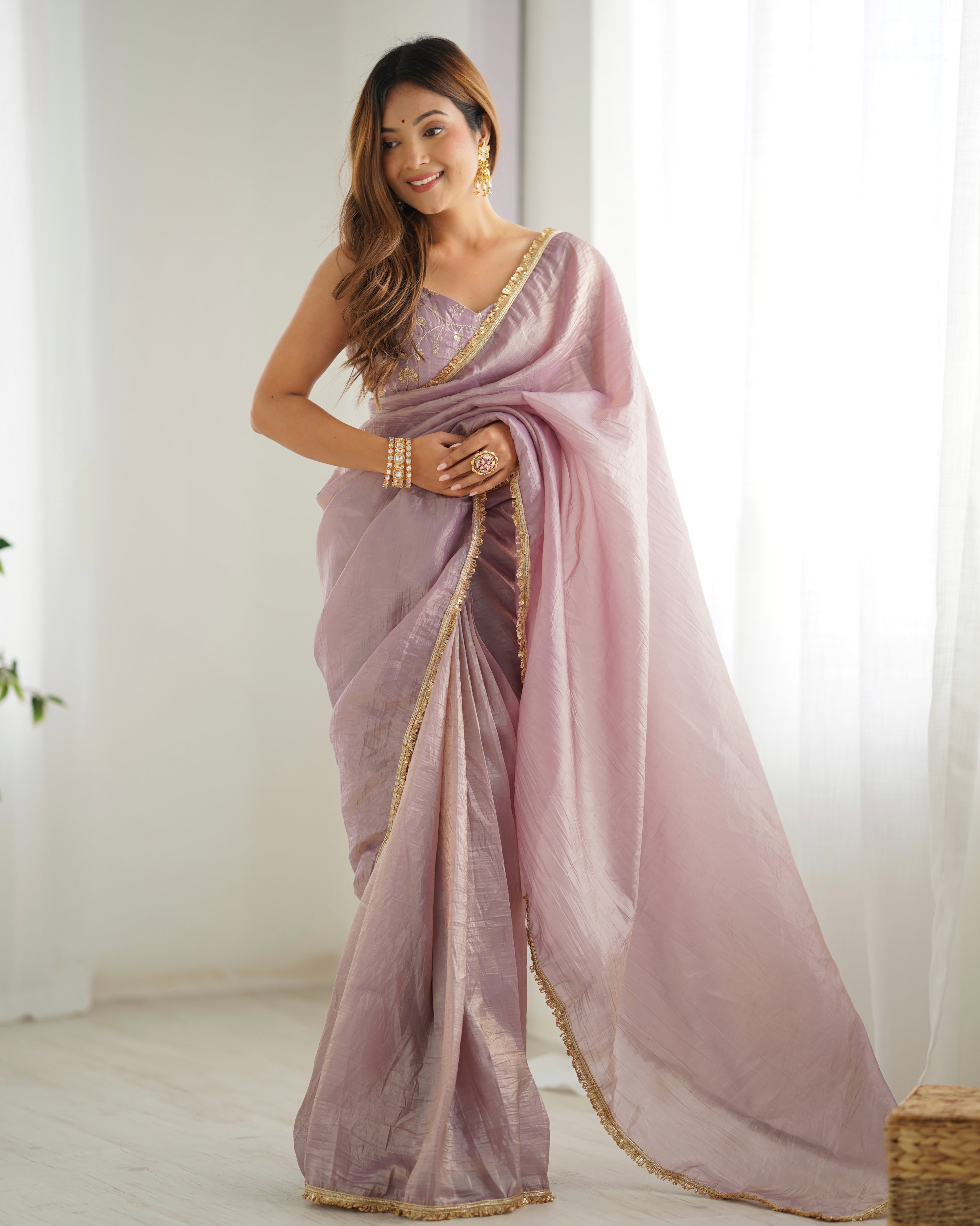 Gold Crush Light Purple Color Ready To Wear Saree