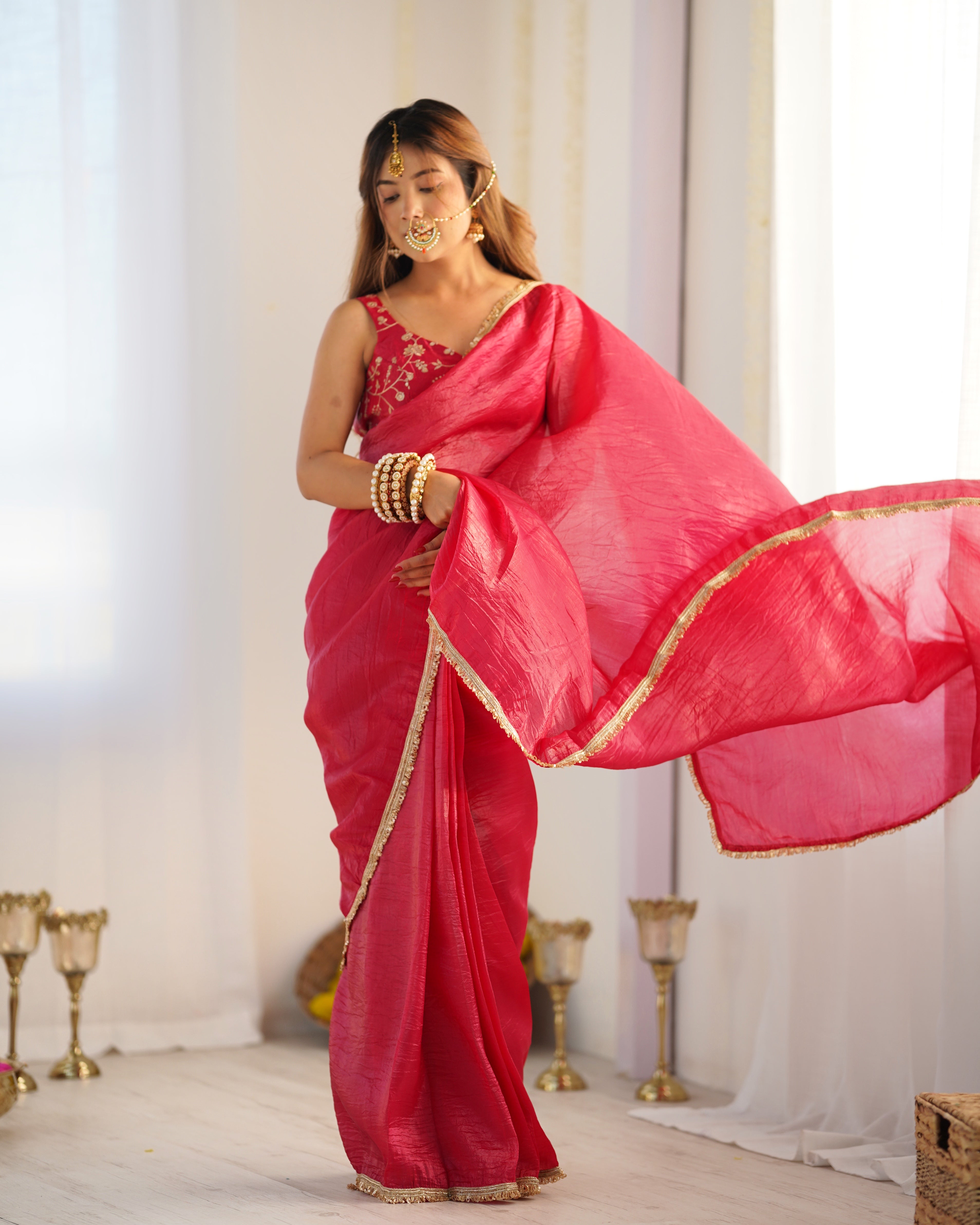 Gold Crush Rani Pink Color Ready To Wear Saree