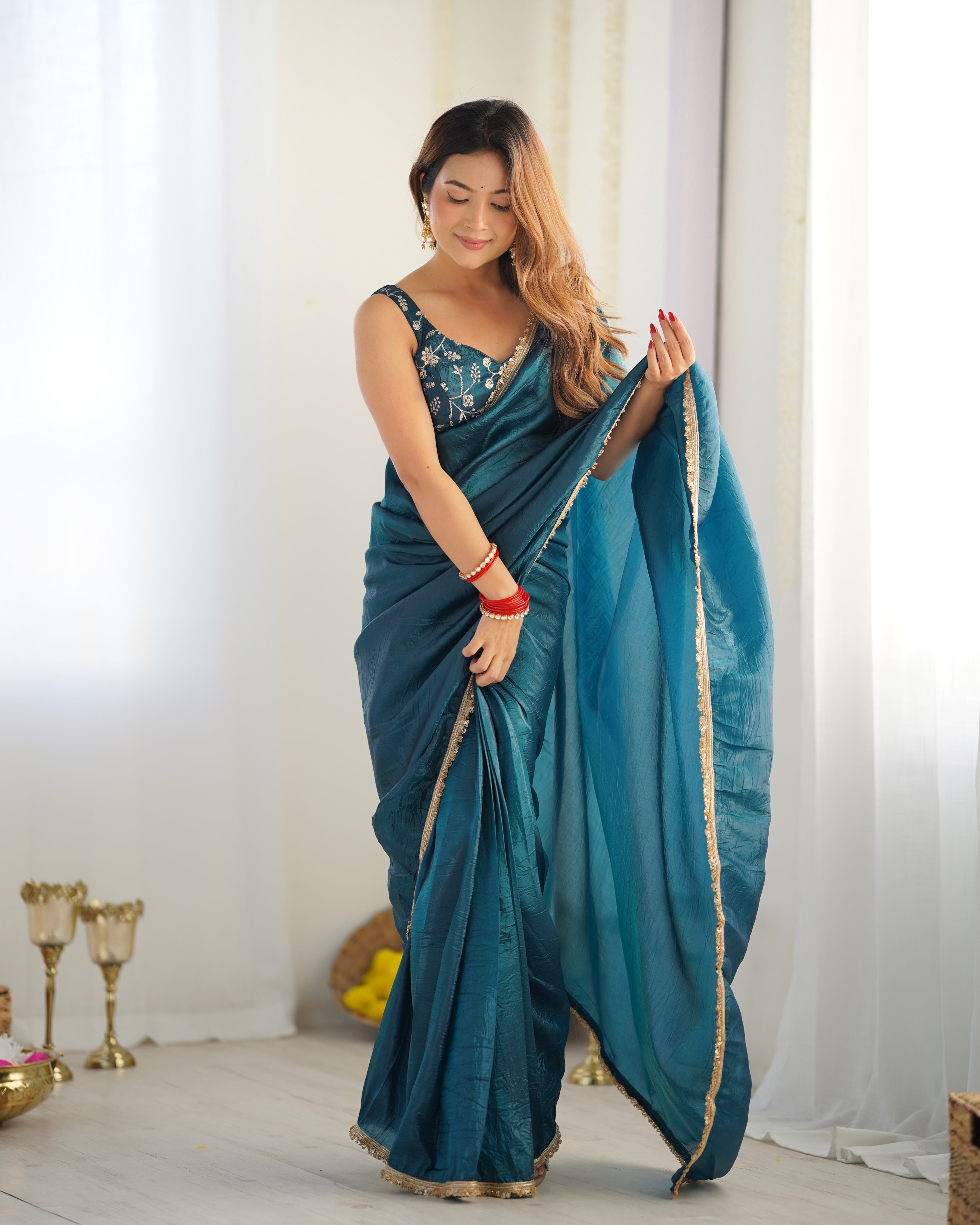 Gold Crush Teal Blue Color Ready To Wear Designer Saree