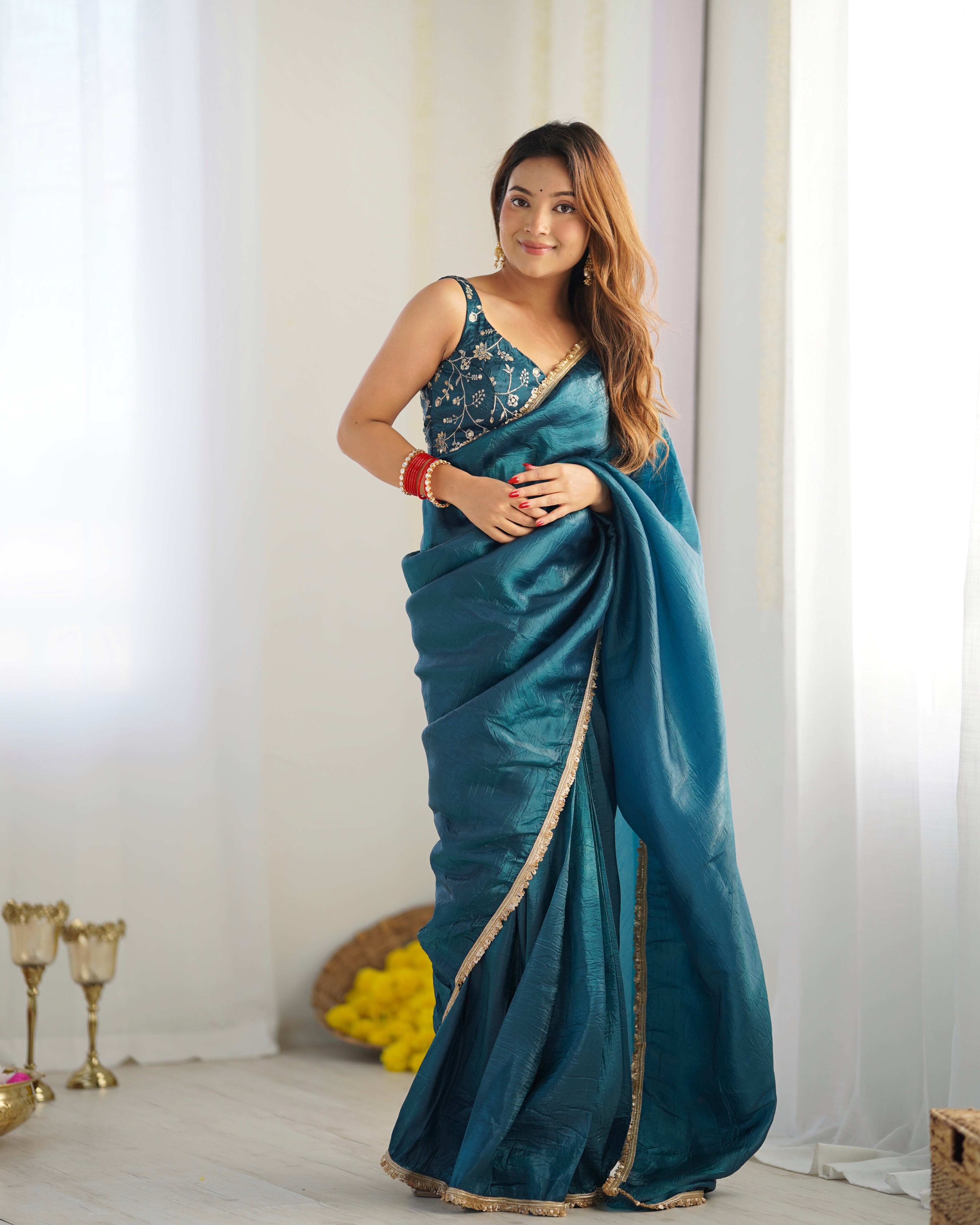 Gold Crush Teal Blue Color Ready To Wear Designer Saree