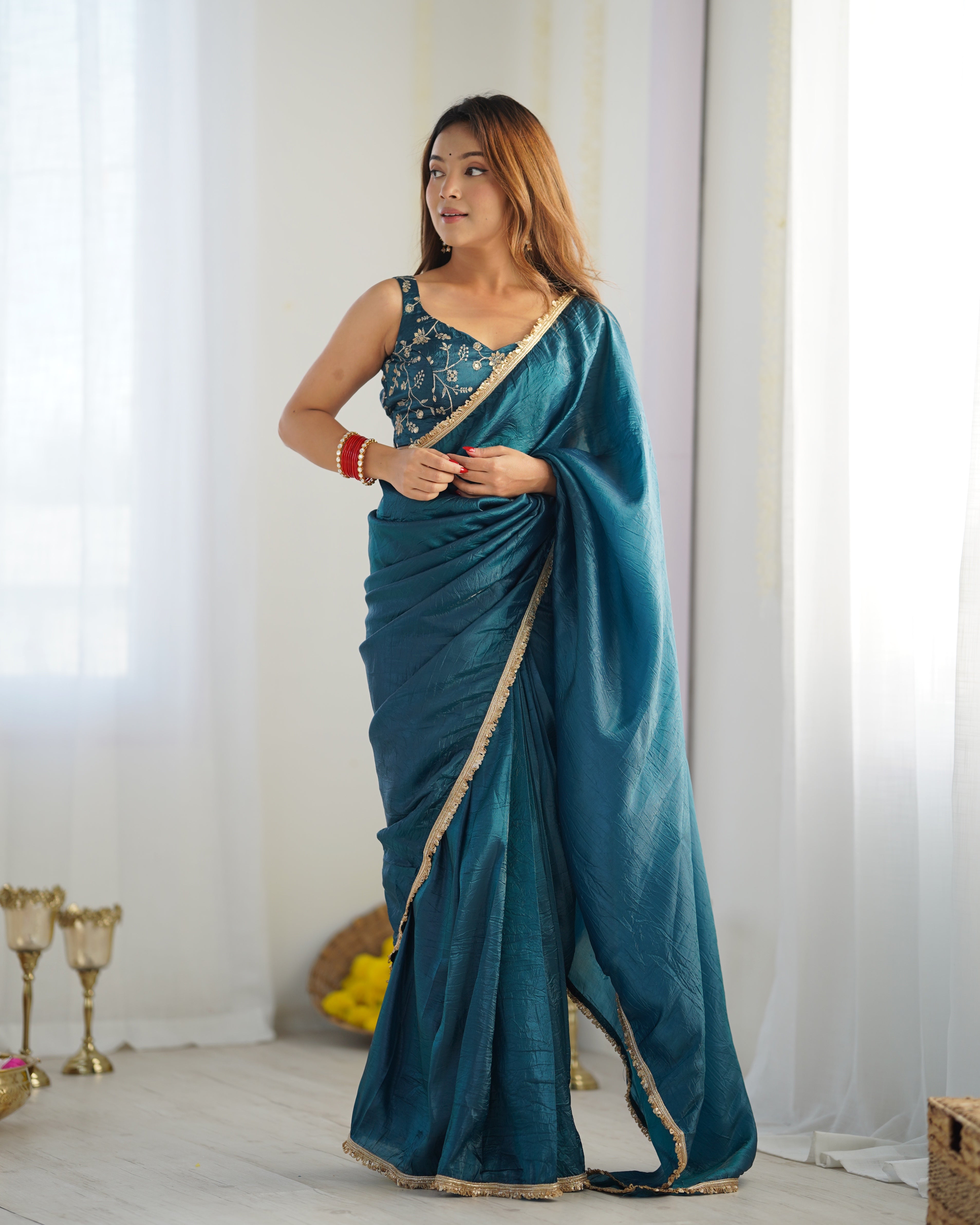 Gold Crush Teal Blue Color Ready To Wear Designer Saree