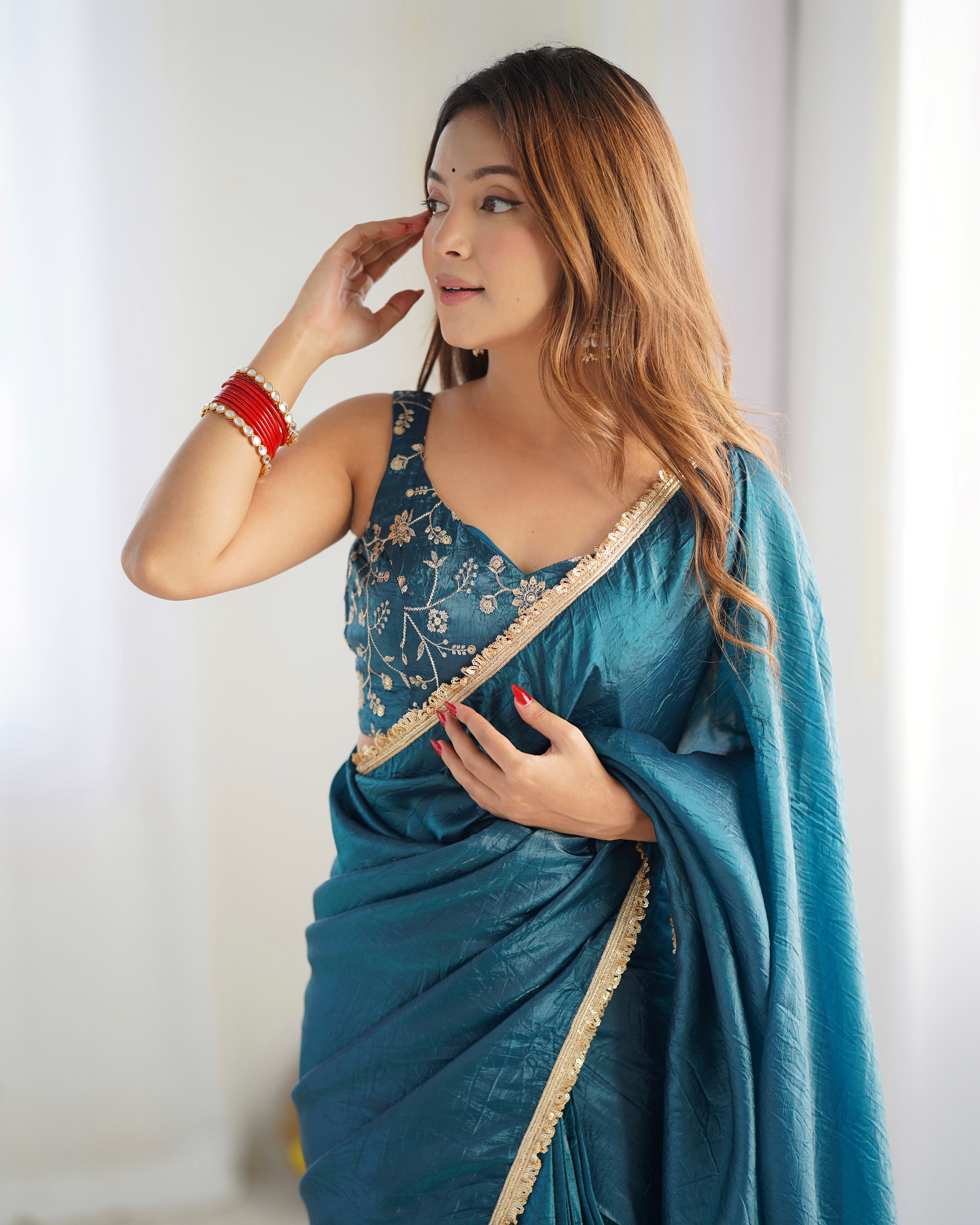 Gold Crush Teal Blue Color Ready To Wear Designer Saree