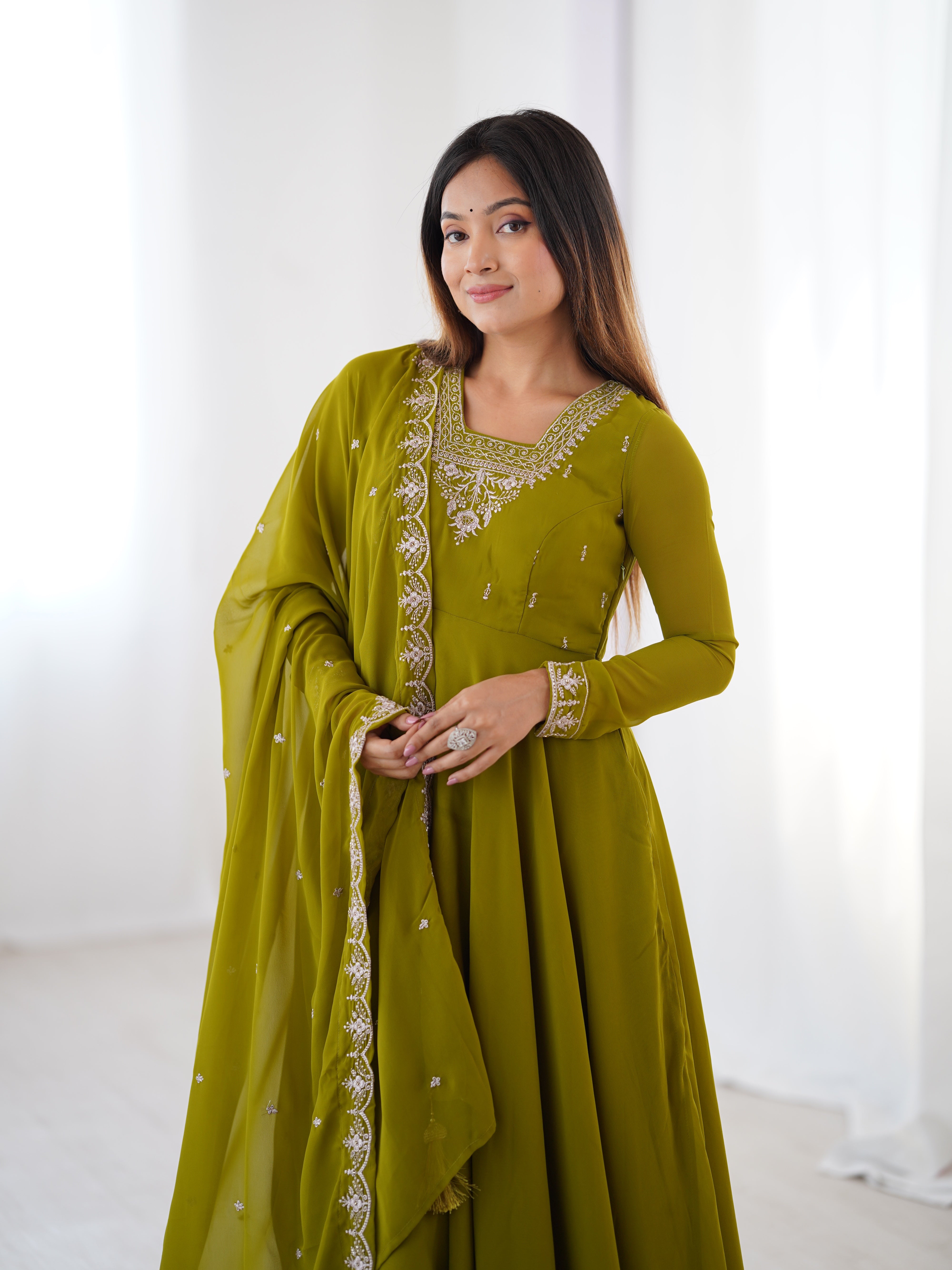 Parrot Green Georgette Anarkali Gown With Pant & Dupatta Set Jillex Fabric Parrot Green Georgette Anarkali Gown With Pant & Dupatta Set Jillex Fabric